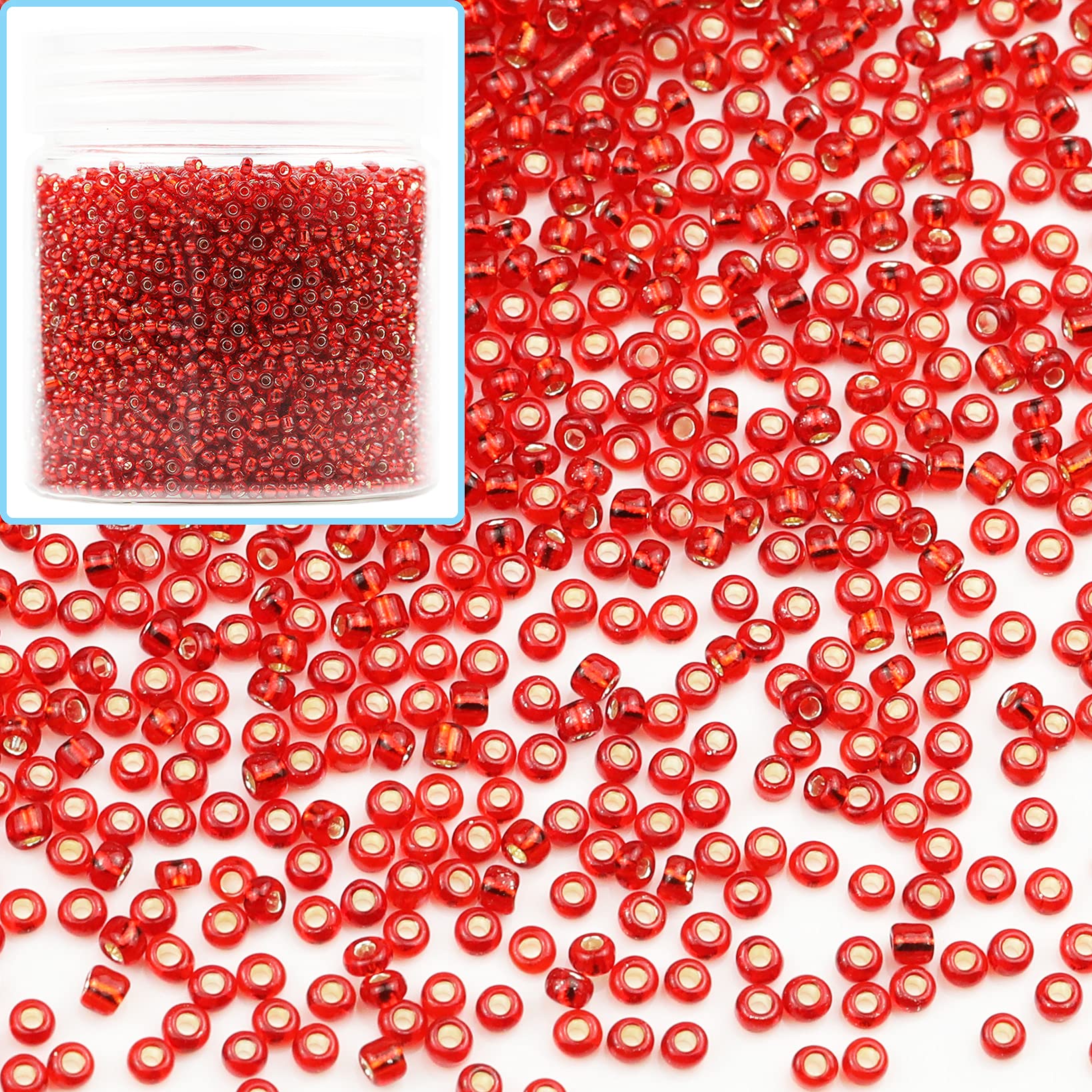 Bala&Fillic Size 12/0 Glass Seed Beads Red Color 2mm Transparent Silver Lined Seed Beads for Making Bracelet Necklace and Jewelry About 10000pcs/110g (Red) — image 1