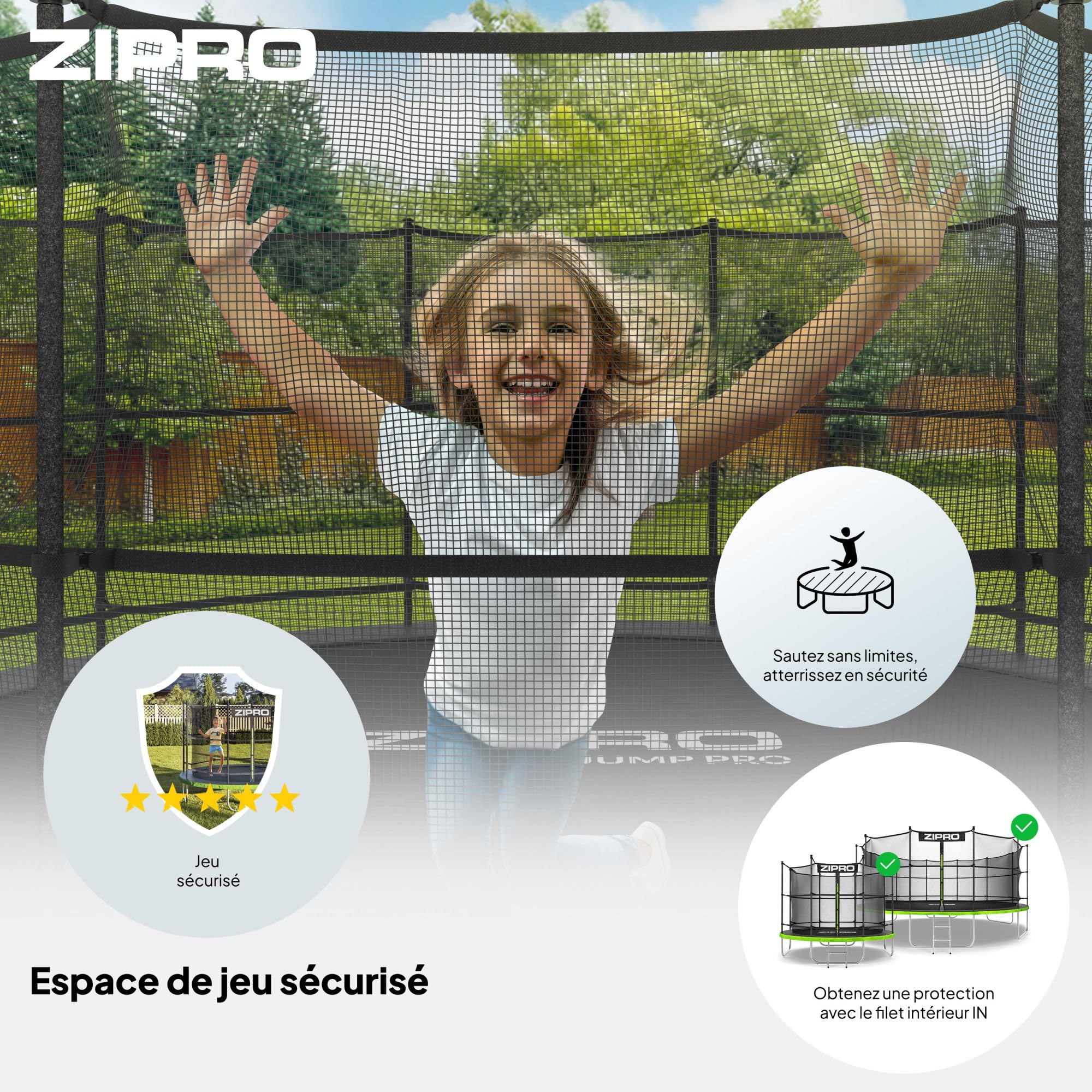ZIPRO JumpPro in Trampoline Extérieur, Trampoline de Jardin Enfants, Filet Intérieur, Résistant, Protection UV, Montage Facile, Charge 100-150 kg,
