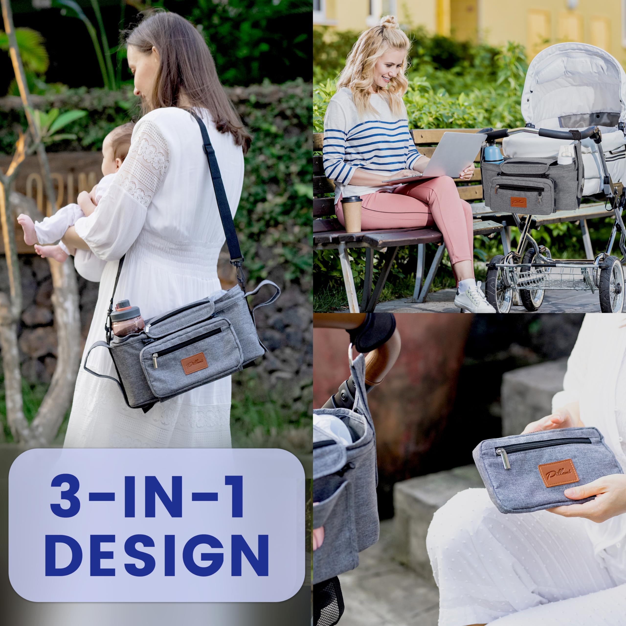 PILLANI Stroller Organizer, Universal Stroller Caddy with Cup Holder & Phone Bag, Stroller