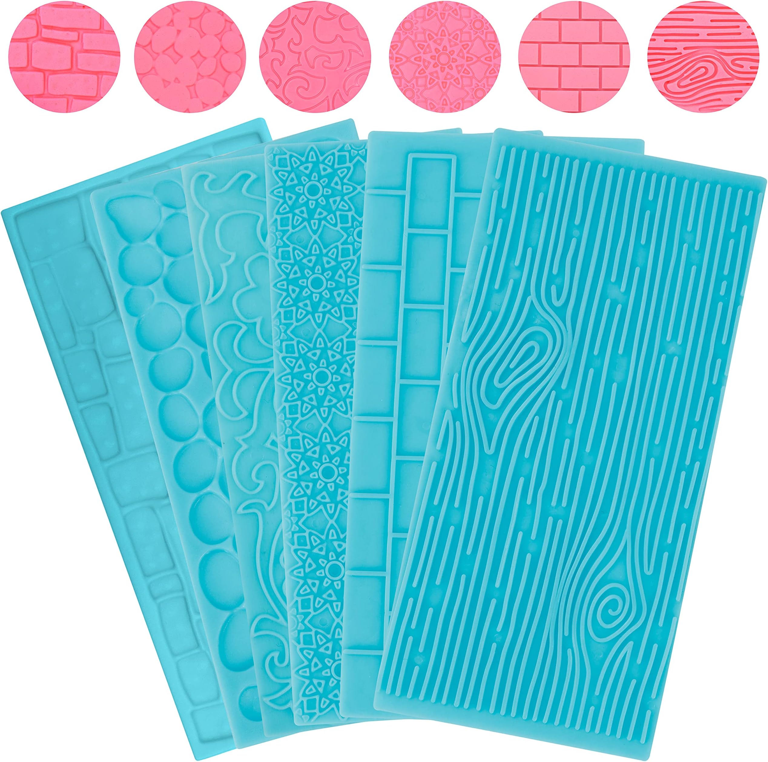 Kurtzy Pack of 6 Sugar Paste Embosser for Chocolate Cakes - Printed Bricks, Wood, Floral, Paving and Pebbles - 3D Pastry Relief Mat for Sweets, Decor, Jellies & Pastries - Home-Made