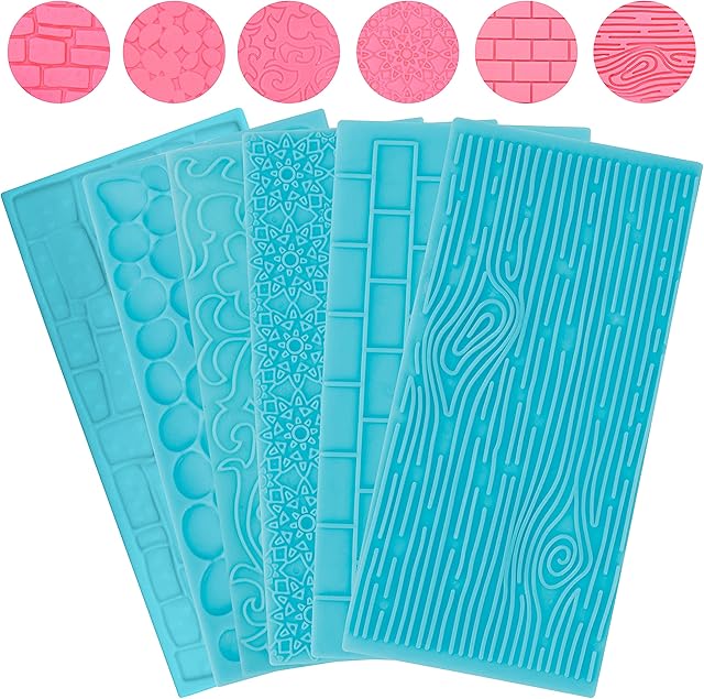 Kurtzy Plastic Embossing Fondant Icing Chocolate Cake Mould Set (6 Pack) - Brick, Wood, Floral, Cobble & Pebble Stone Designs - 3D Decorating Embossed Set for Sugar Candy, Decor, Jelly & DIY Baking
