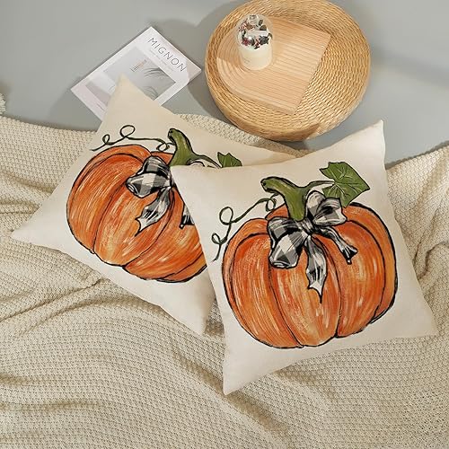 Miniatura 47 de Juego de 2 fundas de almohada de otoño de 18 x 18 pulgadas, hojas de arce de calabaza y búfalo a cuadros, decoración de otoño, de lino, Acción