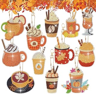 12 Pieces Fall Diamond Painting Keychains Fall Cocoa Diamond Art Key Rings DIY 5D Diamond Ornaments Fall Drinks Coffee Hanging Pendants Double Sided for Autumn Thanksgiving Party Decor
