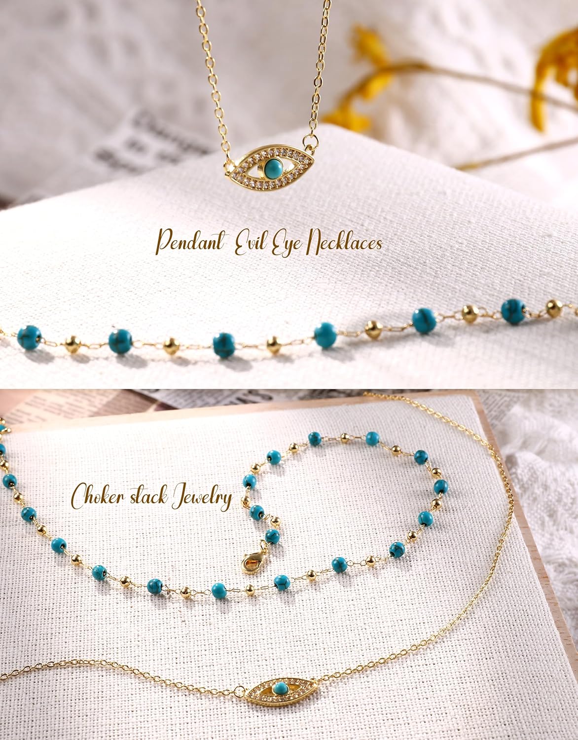 KRFY Turquoise Layered Necklaces for Women Trendy, 16K Plated Gold Necklace for Women, Strand Dainty Beaded Necklace Stack, Pendant Evil Eye Cross Necklaces for Women, Chain Choker Jewelry Non Tarnish - Image 2