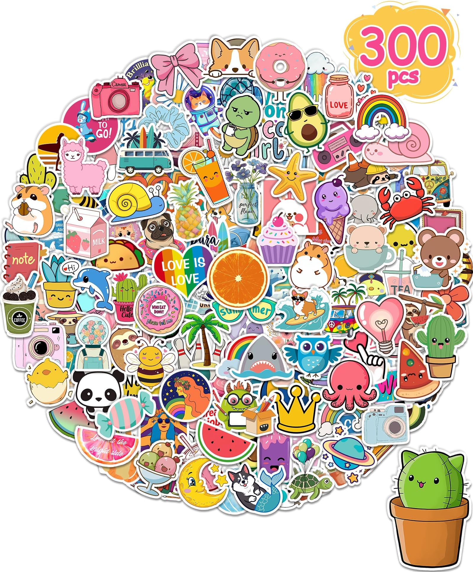 Stickers for Water Bottles, 300 Pcs/Pack Cute Vinyl Waterproof Laptop Sticker for School Students Gifts Supplies Classroom Teachers Prizes Stocking Stuffers Stickers for Kids Girls Teens