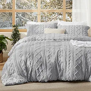 Bedsure Tufted Boho Comforter Set Twin Size - Light Grey Boho Bed Set, GentleSoft™ 2 Pieces Farmhouse Shabby Chic Embroidery Bedding, Gifts for Woman, Soft Jacquard Twin Comforter for All Seasons