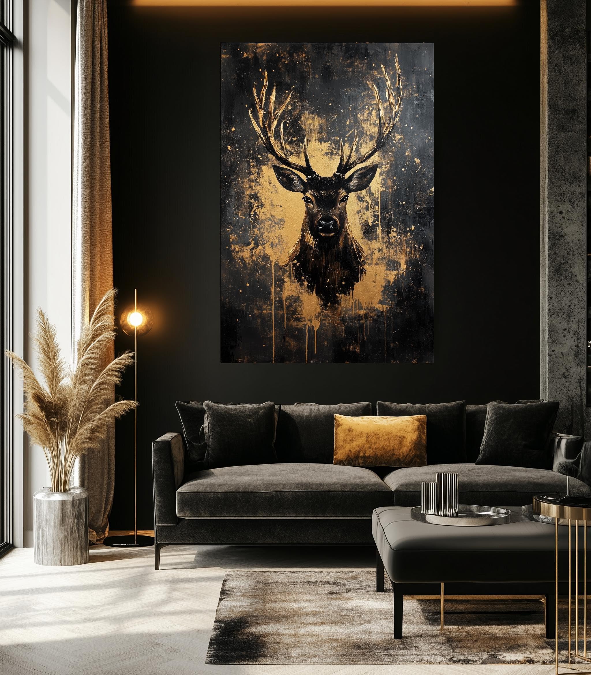 YUSUZHU Hirsch-Wandbild auf Leinwand, Wanddekoration mit schwarzem und goldenem Hirschmotiv, rustikales Hüttenmotiv, luxuriöses Wildtiergemälde, Wohnbild (80 x 120 cm/Innenrahmen)