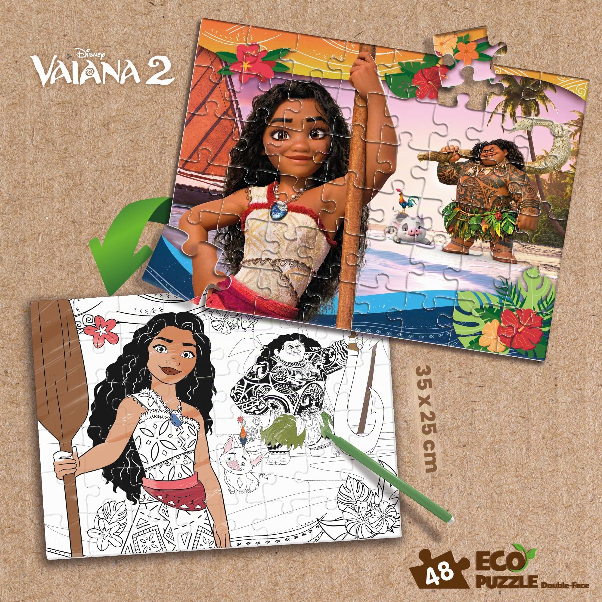 Lisciani - Puzzle DISNEY VAIANA 2 - Puzzle de 48 Piezas de Doble Cara para Niños a Partir de 4 Años - Dorso para Colorear - 25x35 cm - Actividad Creativa - 100% Reciclable - Regalo de Cumpleaños