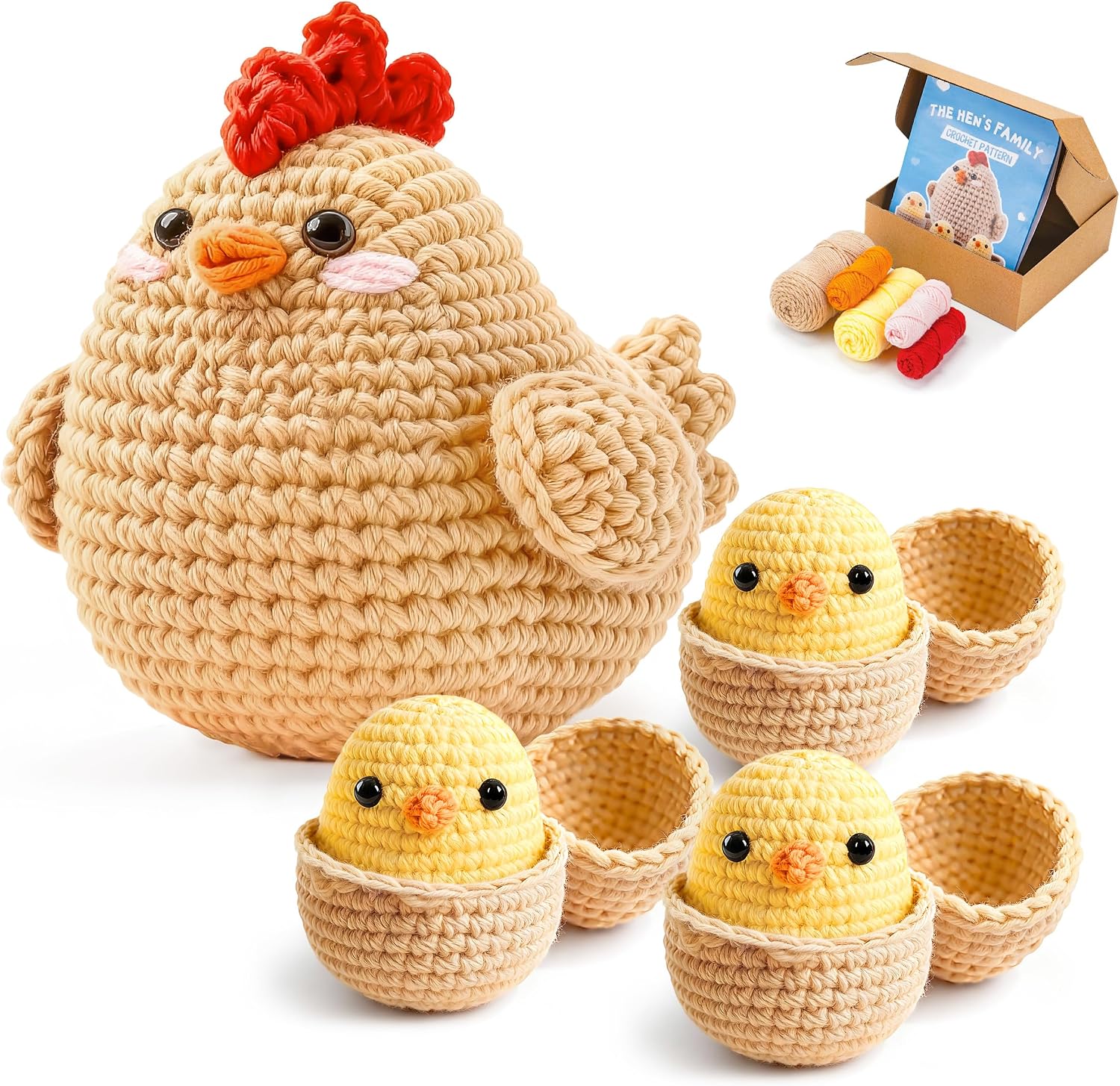 Joyclub Crochet Kit for Beginners 4 Chicken Family with Video for Adults | Amigurumi crochet with video guidance support first projects crochet Starter; a playful DIY gift for adult kitting learners
