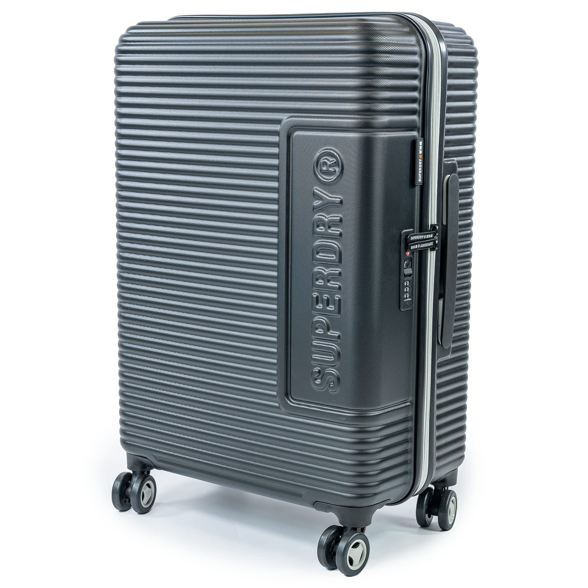 Superdry 24 Inch Medium Suitcase - Lightweight 3.5kg, Robust, TSA Locks, with 8 Smooth Spinner Wheels, Telescopic Trolley System, Clothing Retention Straps & 63 Litre Capacity (Black/Silver, Medium)