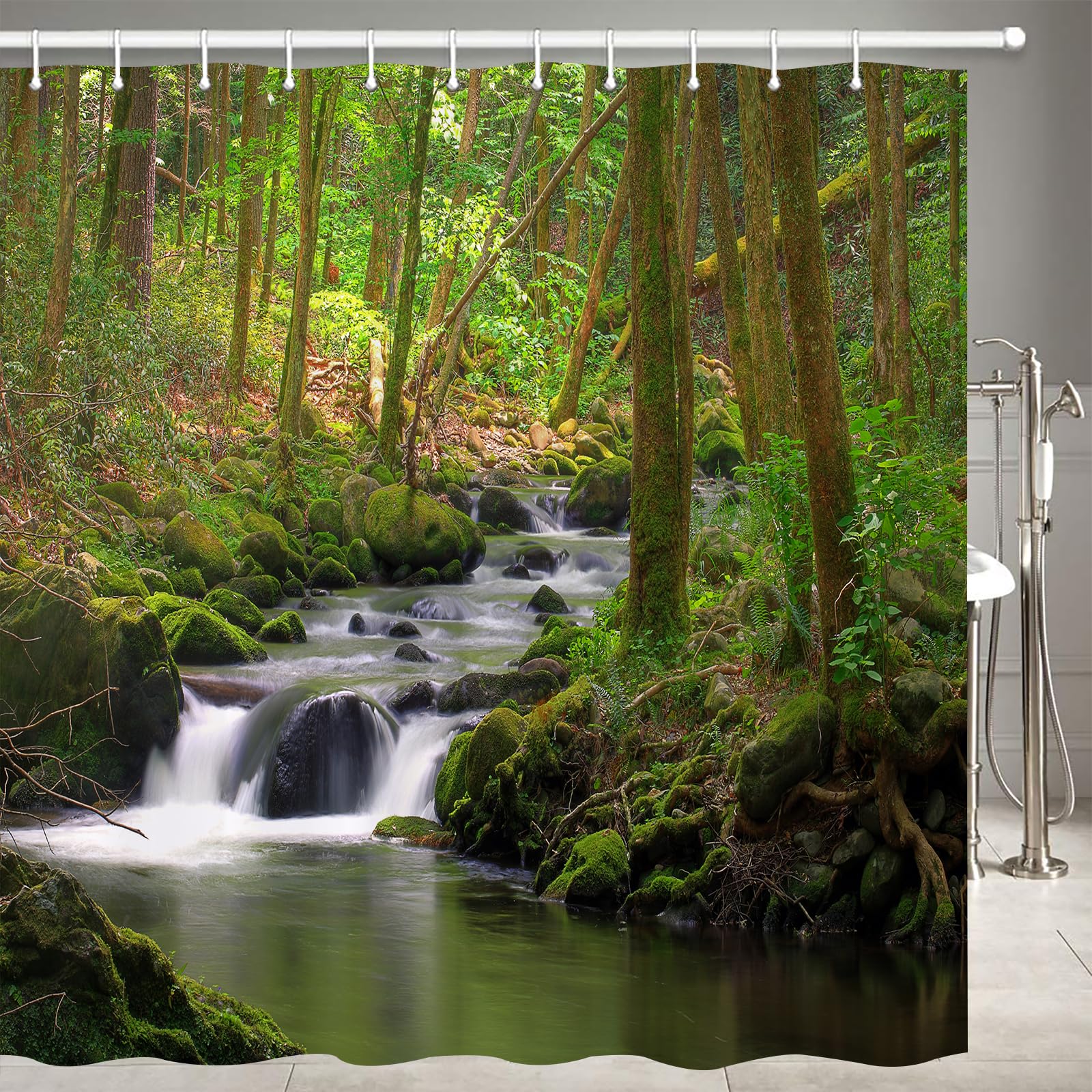 JOOCAR Garden Shower Curtain, Nature Flowing Stream Forest Waterfall Landscape Green Trees Mossy Rocks Themed Scenery, Waterproof Cloth Fabric Bathroom Decor Set with Hooks, 180x180 cm