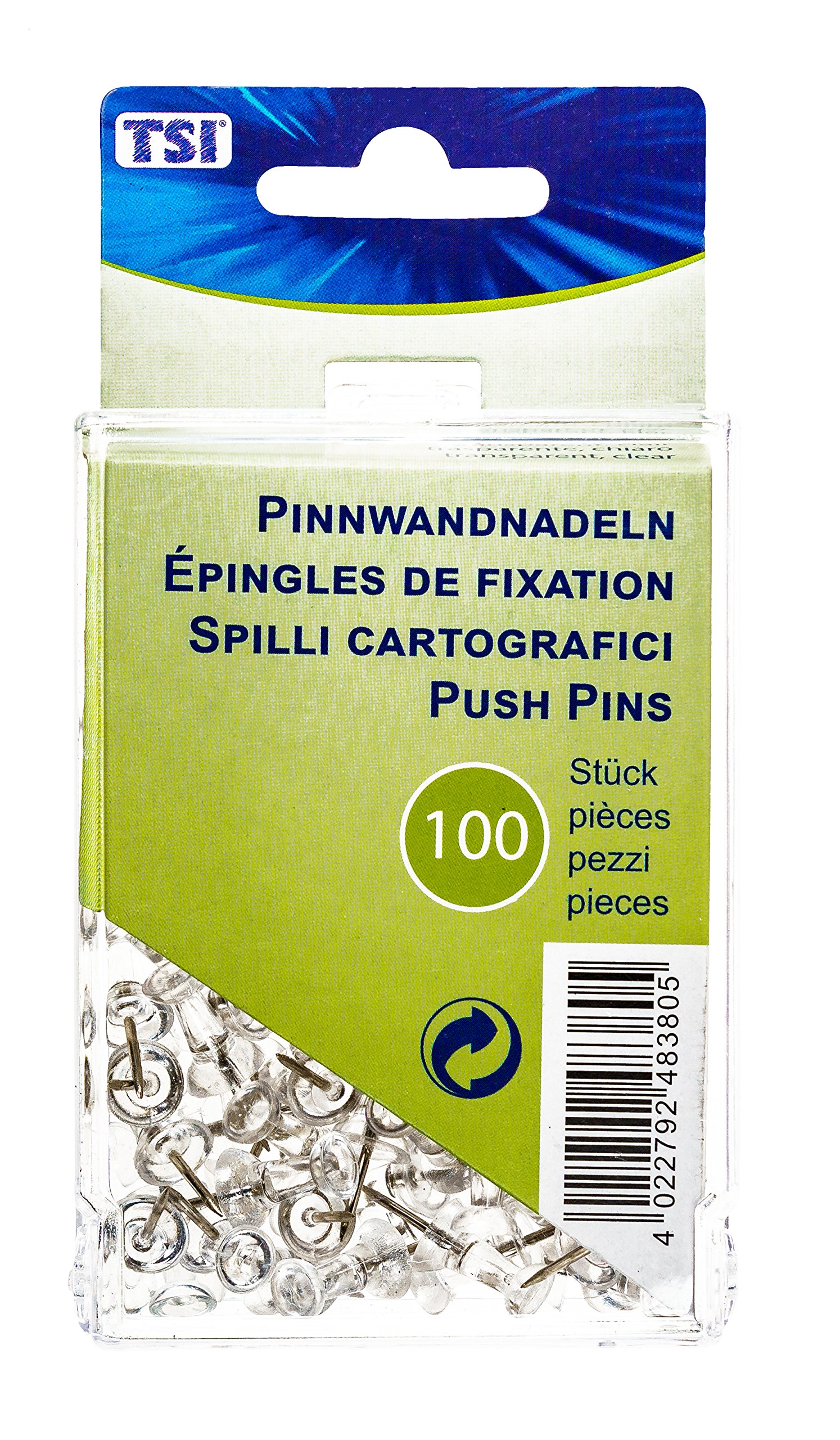 TSI 48380 Clear Plastic Push Pins Pack of 100 in a Handy Storage Box