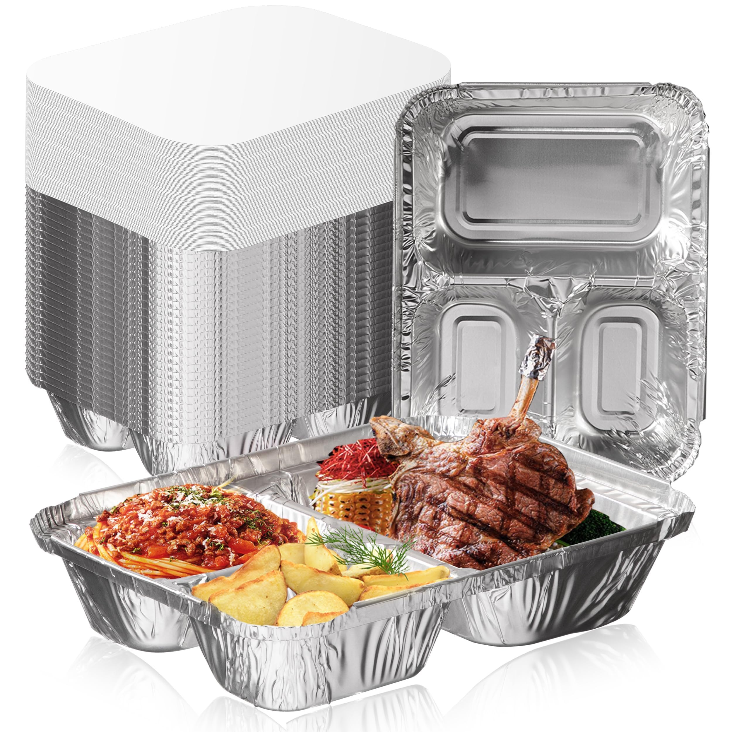 Fit Meal Prep 50 Pack 3 Compartment Foil Trays with Lids, 21.5x16.5x3.8cm Disposable Aluminium Foil Containers, Tin Foil Baking Pans for Cooking, Roasting & Food Storage