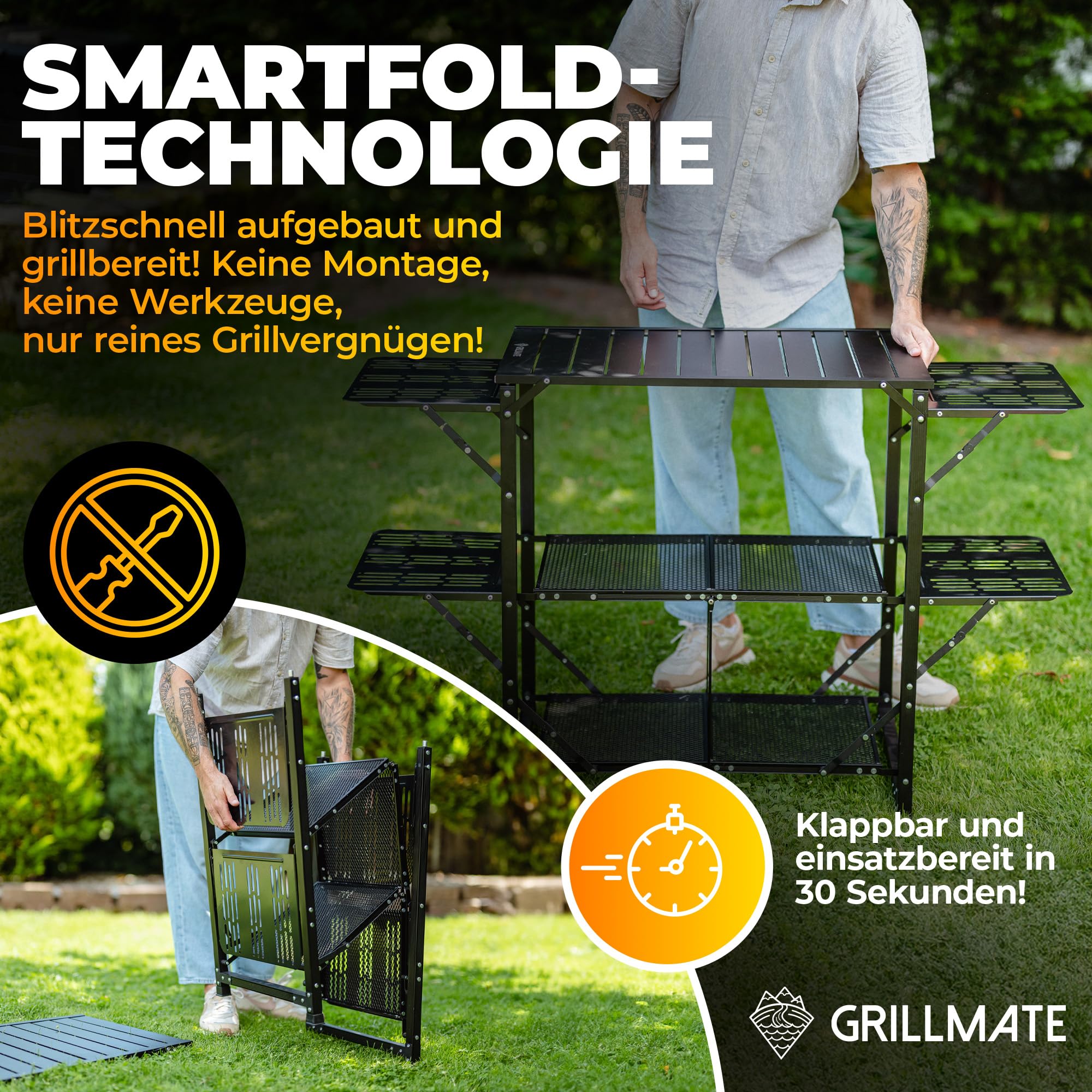 GRILLMATE Grilltisch Outdoor Wetterfest Klappbar | Grill Beistelltisch, Tisch für Grill, Balkon, Camping, Garten | Campingküche faltbar aus Aluminium Rostresistent [50kg Belastbar] inkl. Tragetasche