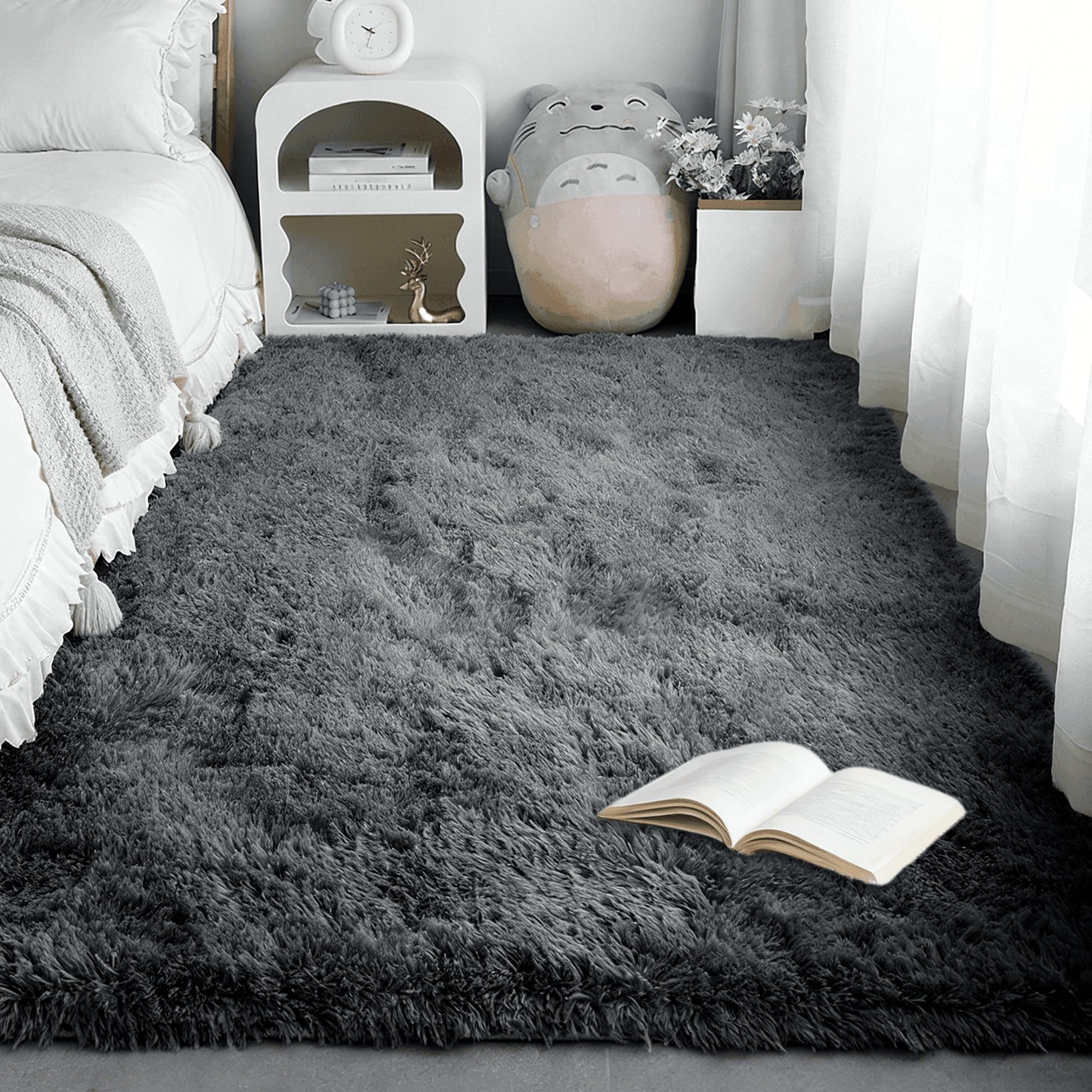 Tapis moderne salon gris foncé 110x120 cm à poils longs pour intérieur