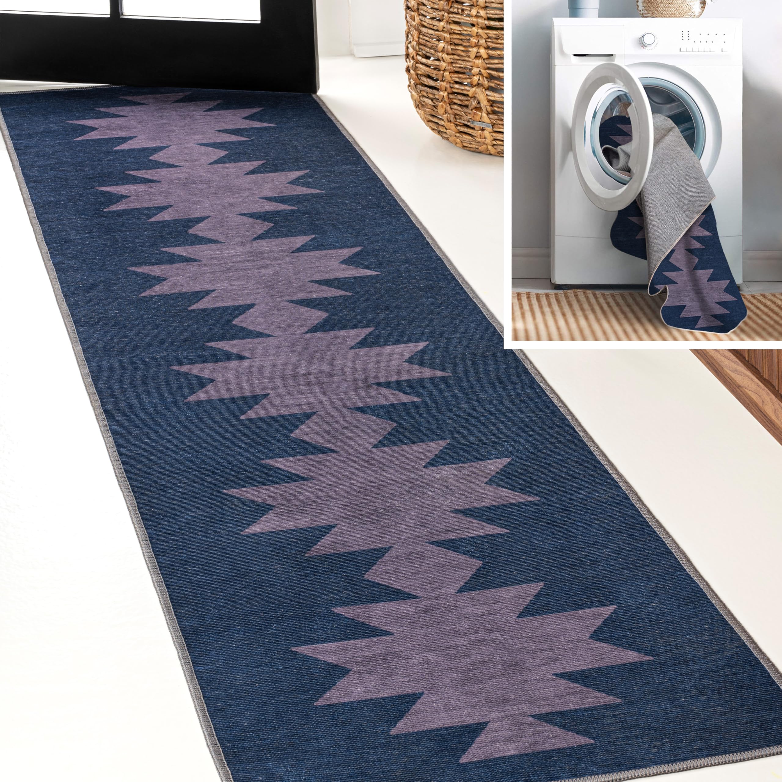 JONATHAN Y Machine Washable Navy/Purple Runner Rug 2X8 ft, Chayton Minimalist Geometric for Living Room, Bedroom, Kitchen, Office, Easy-Cleaning, High