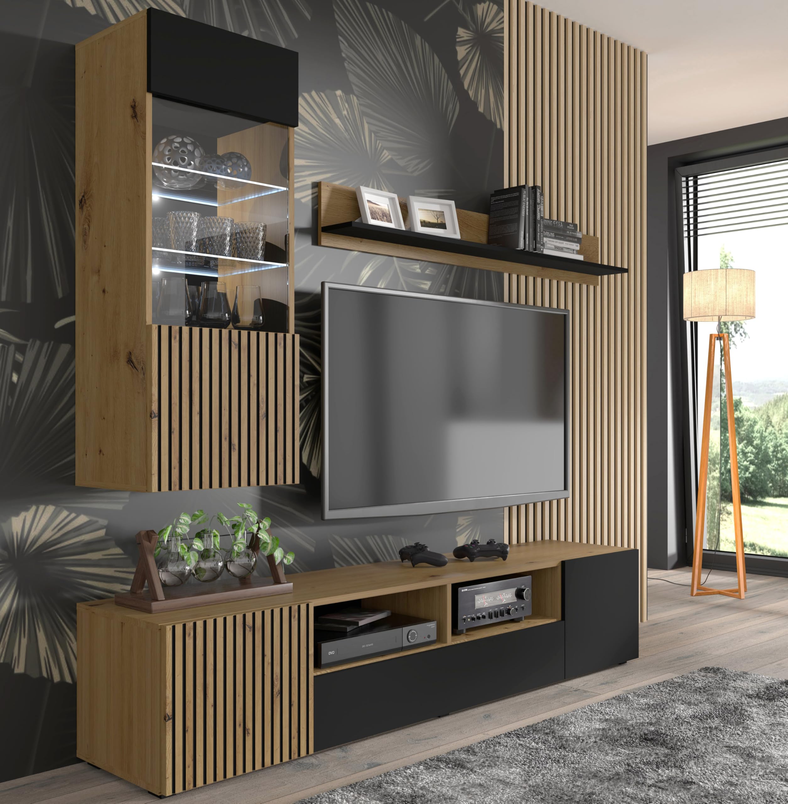BIM Furniture TV Lowboard AURIS – 200x42x42 cm Stehend Wohnzimmermöbel, Grifflose Fronten, Fernsehtisch mit viel Stauraum, modernes TV Schrank – Eiche Artisan/Schwarz Matt
