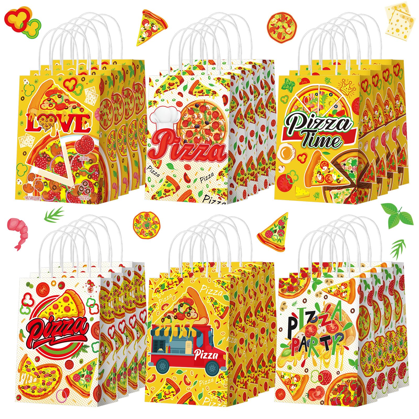Sinload 24 Pcs Pizza Party Favors Paper Gift Bags with Handle Decorations Pizza Candy Goodie Treat Bags Large Birthday Party Supplies for Baby Shower,