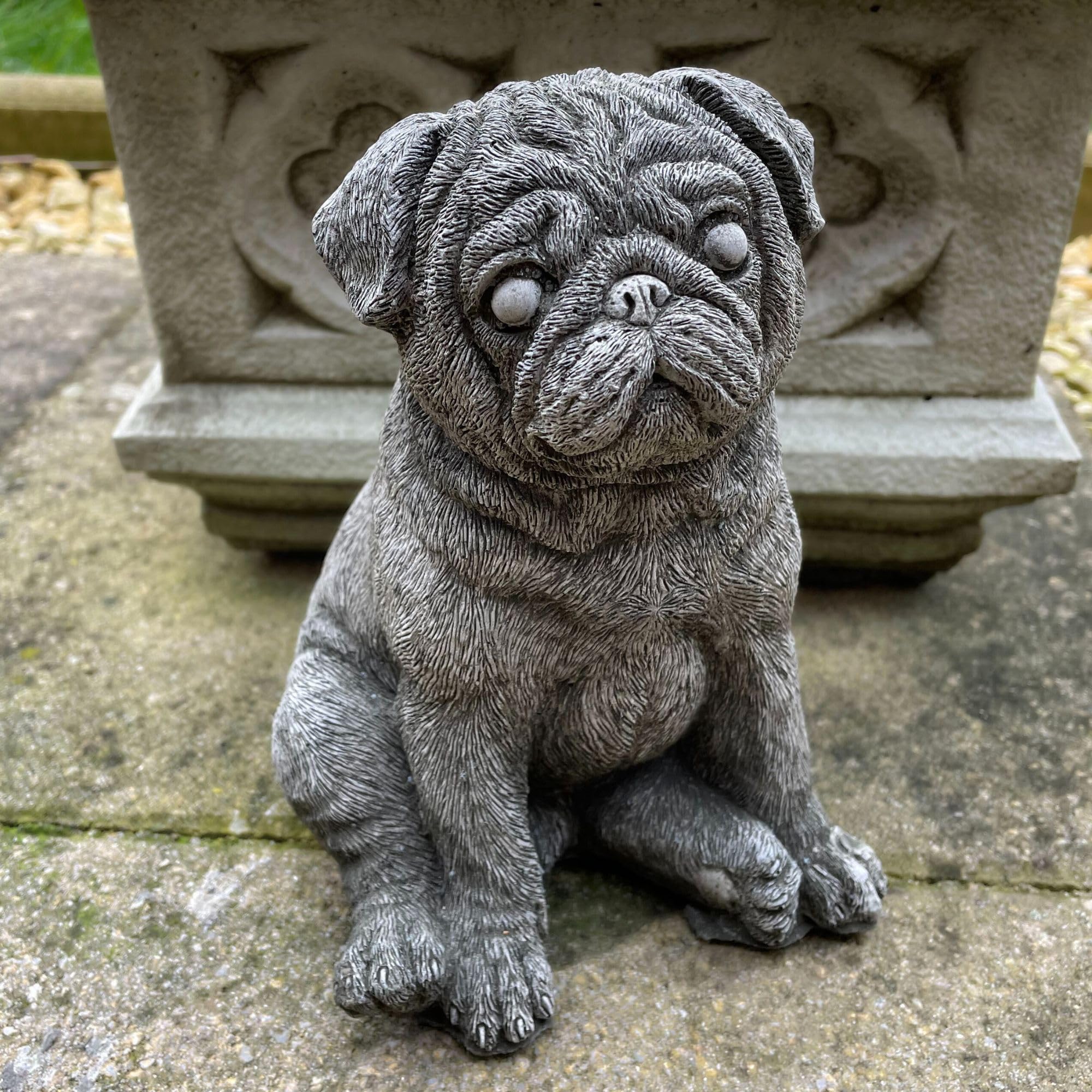 Sitting Pug Stone Statue | Outdoor Stone Puppy Dog Bulldog Animal Garden Ornament