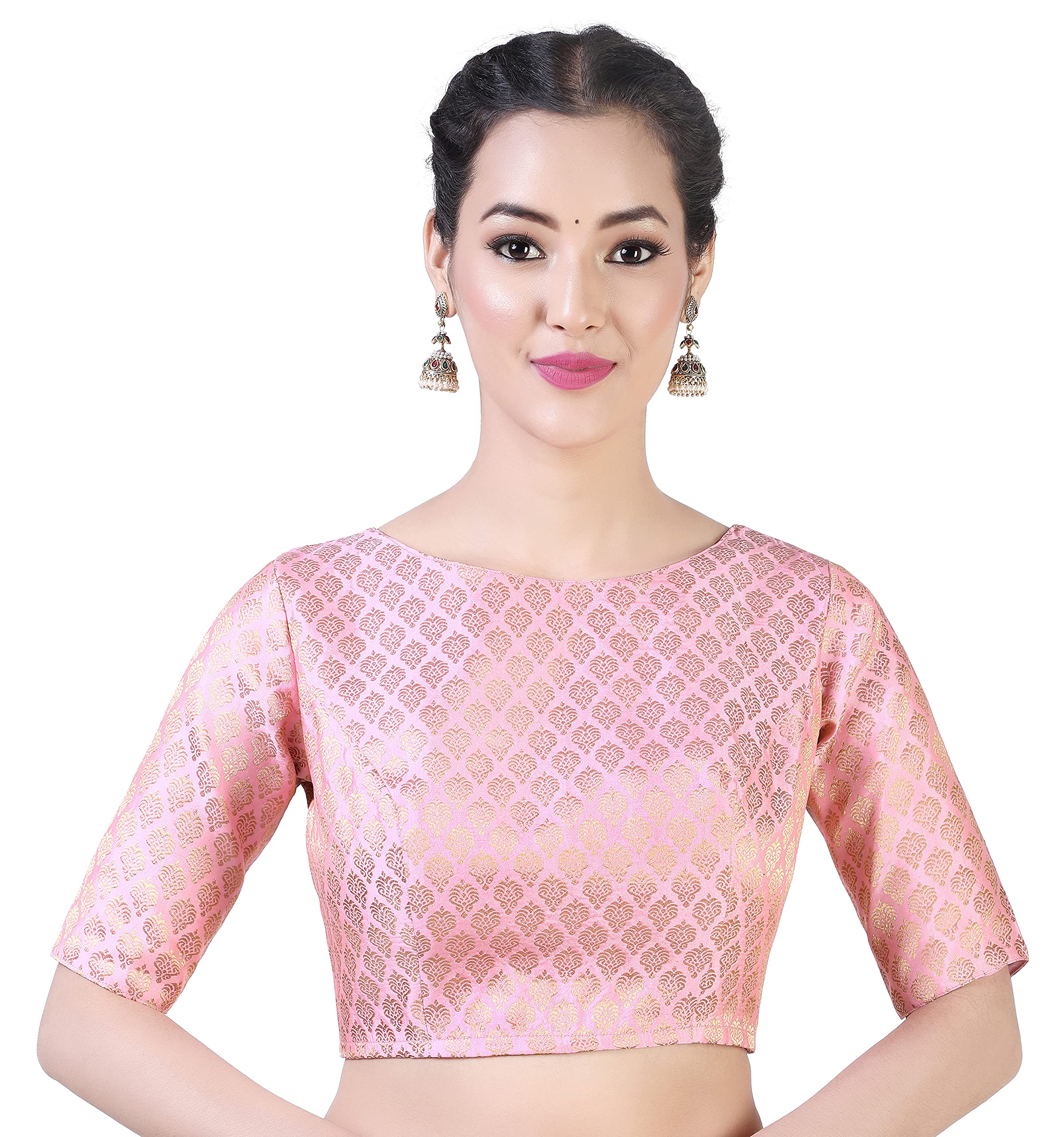 Studio Shringaar Women's Readymade Pastel Brocade Elbow Length Sleeves Saree Blouse