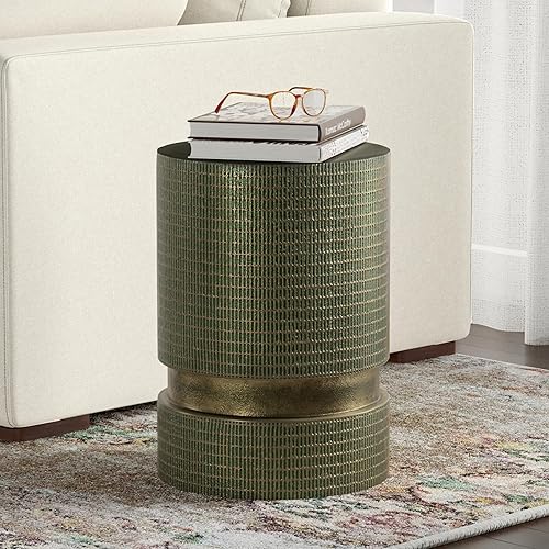 Miniatura 23 de SIMPLIHOME Johnsen - Mesa de metal, 15 pulgadas de ancho, con tambor de hierro macizo, color plata antigua con patrón tribal, mesa auxiliar redonda