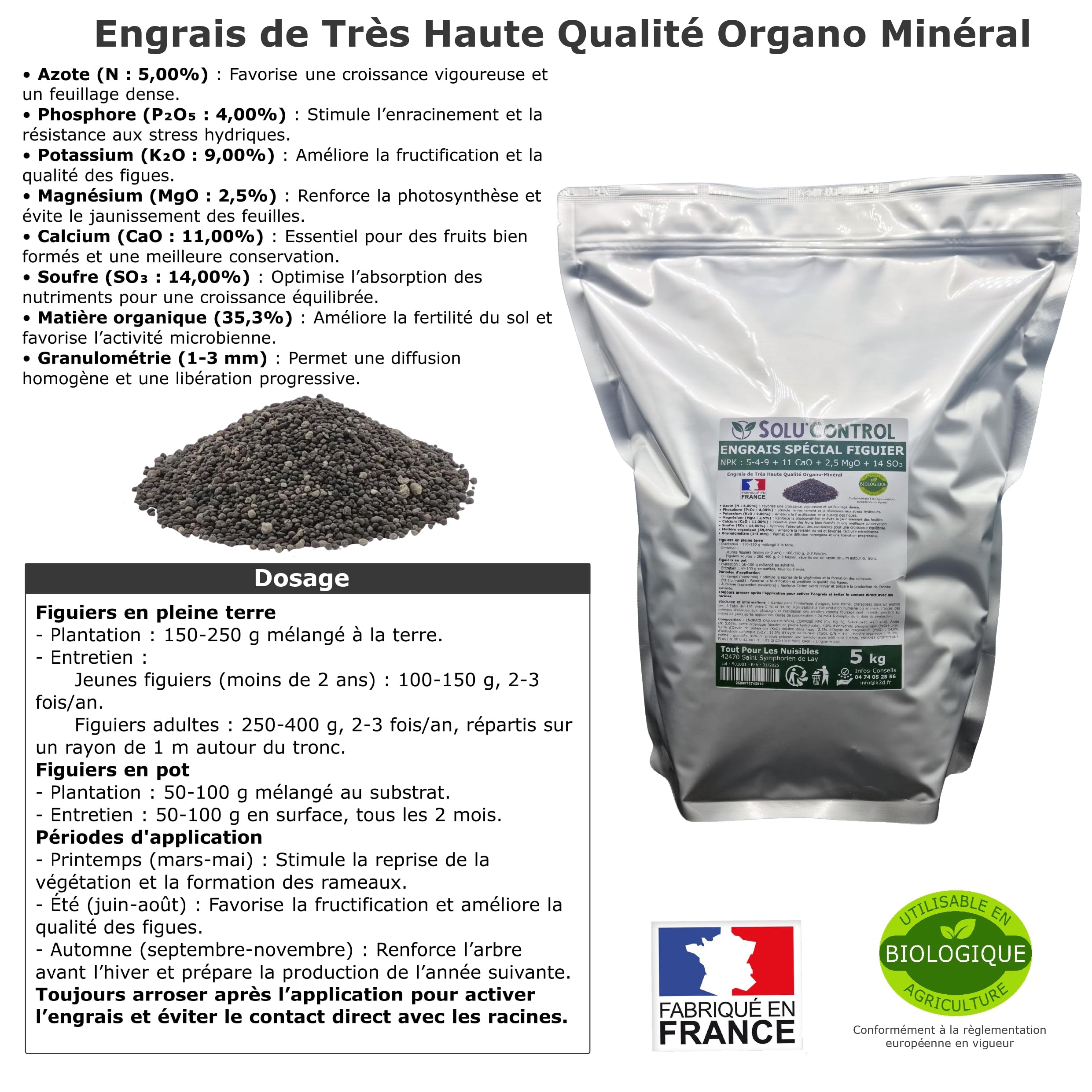 Engrais Spécial Figuier 5 kg - SoluControl - NPK 5-4-9 - Croissance et Fructification - Riche en Calcium et Magnésium - Sachet Zip Refermable - Utilisable en Agriculture Biologique