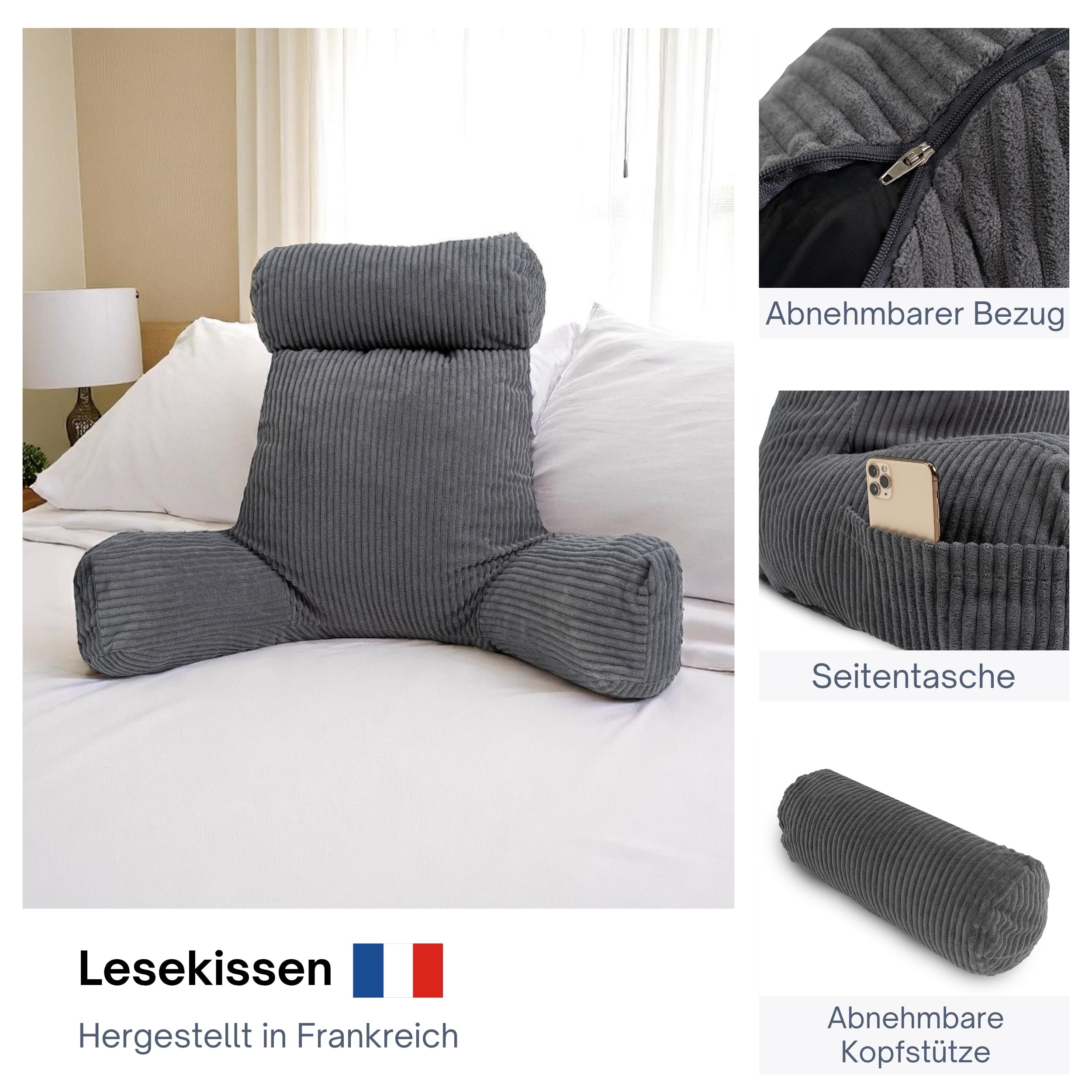 bananair – Lesekissen für Bett und Sofa aus Cord – Abnehmbare, Maschinenwaschbare Hülle – Weich & Komfortabel, Rückenstütze mit Armlehnen & Ergonomischer Sitzfläche (Grau)