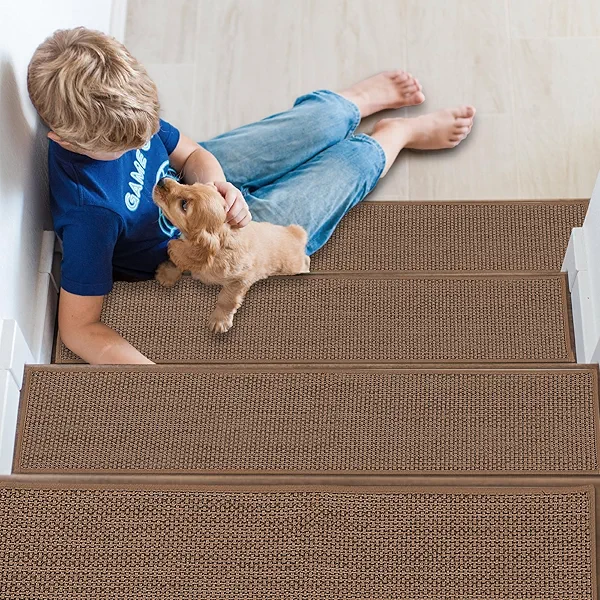 Carpet for Stairs Non Slip 15 Pack 8" X 30" Stair Covers for Wood Stairs with Reusable TPE Adhesive Backing, Non Slip Stair Treads Indoor for Kids Elders and Pets, Machine Washable, Brown Weave