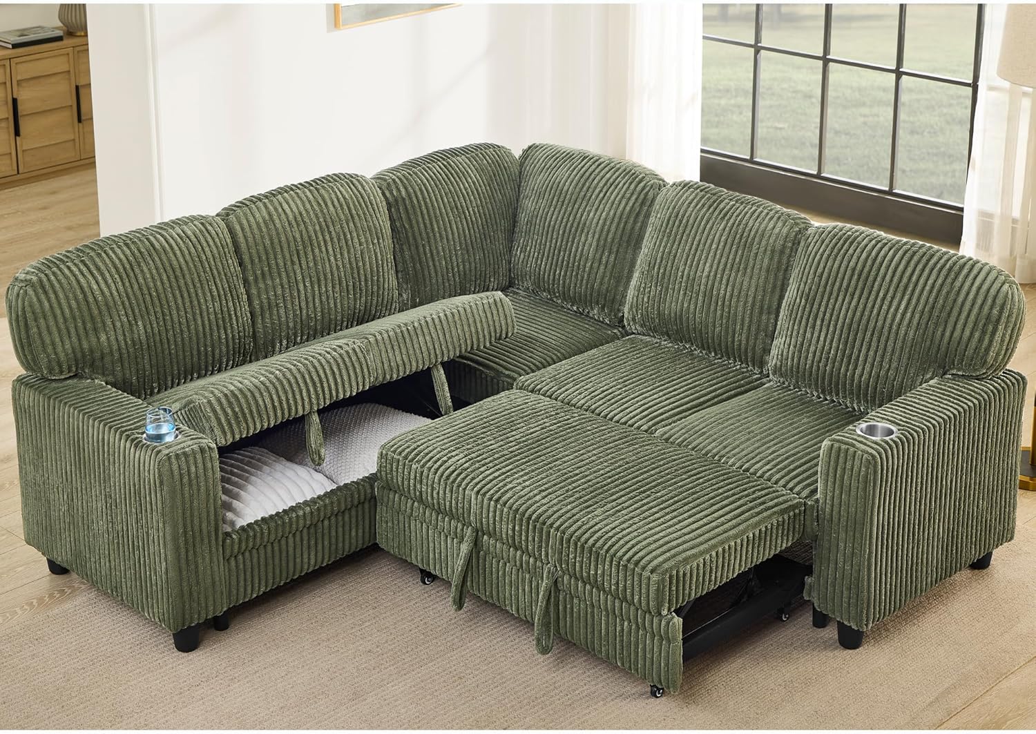 KEIKI 81" L-Shaped Oversized Chenille Modular Sectional Sleeper Sofa with Pull-Out Bed, Storage Seat, Modern 5-Seater Upholstered Couch Bed with Charging Station, Easy Assembly, for Living Room, Black