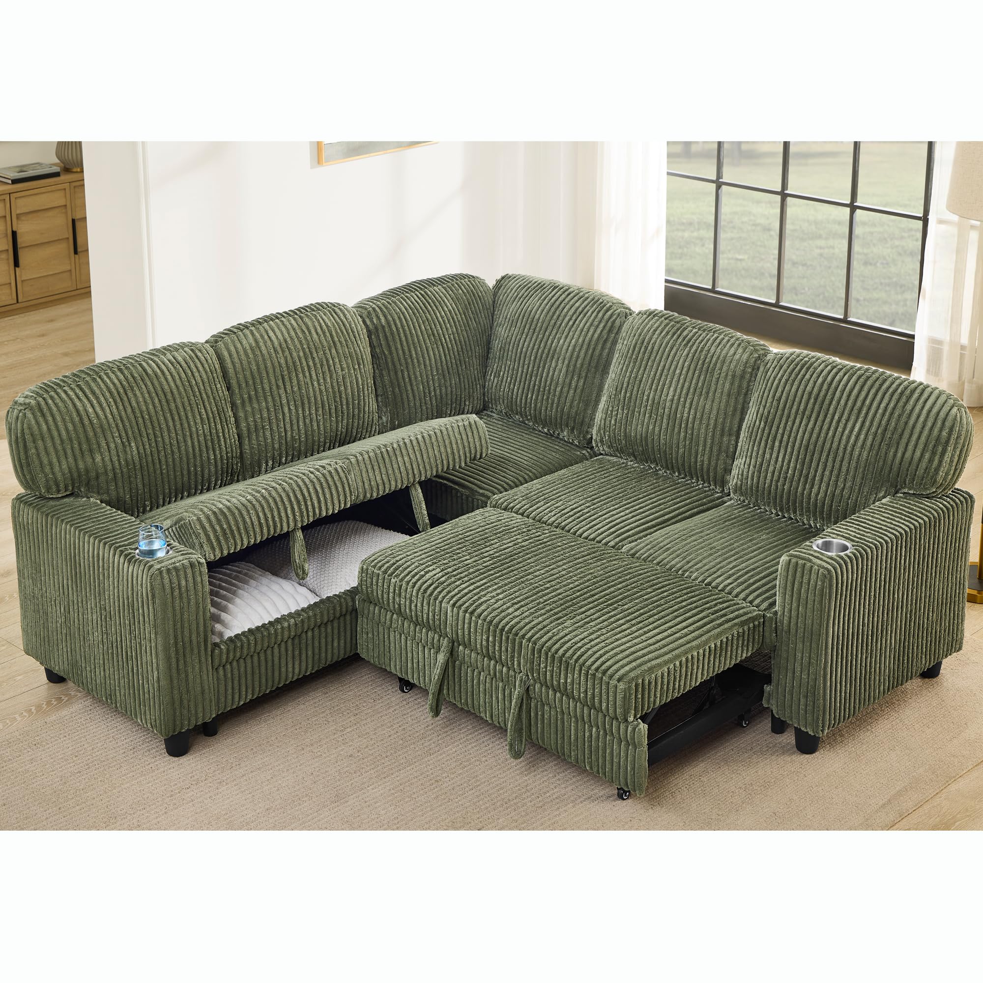 see description keiki 81" l-shaped oversized corduroy modular sectional sleeper sofa with pull-out bed, storage seat, 5-seater upholstered couch bed with charging station, easy assembly, for living room, olive green