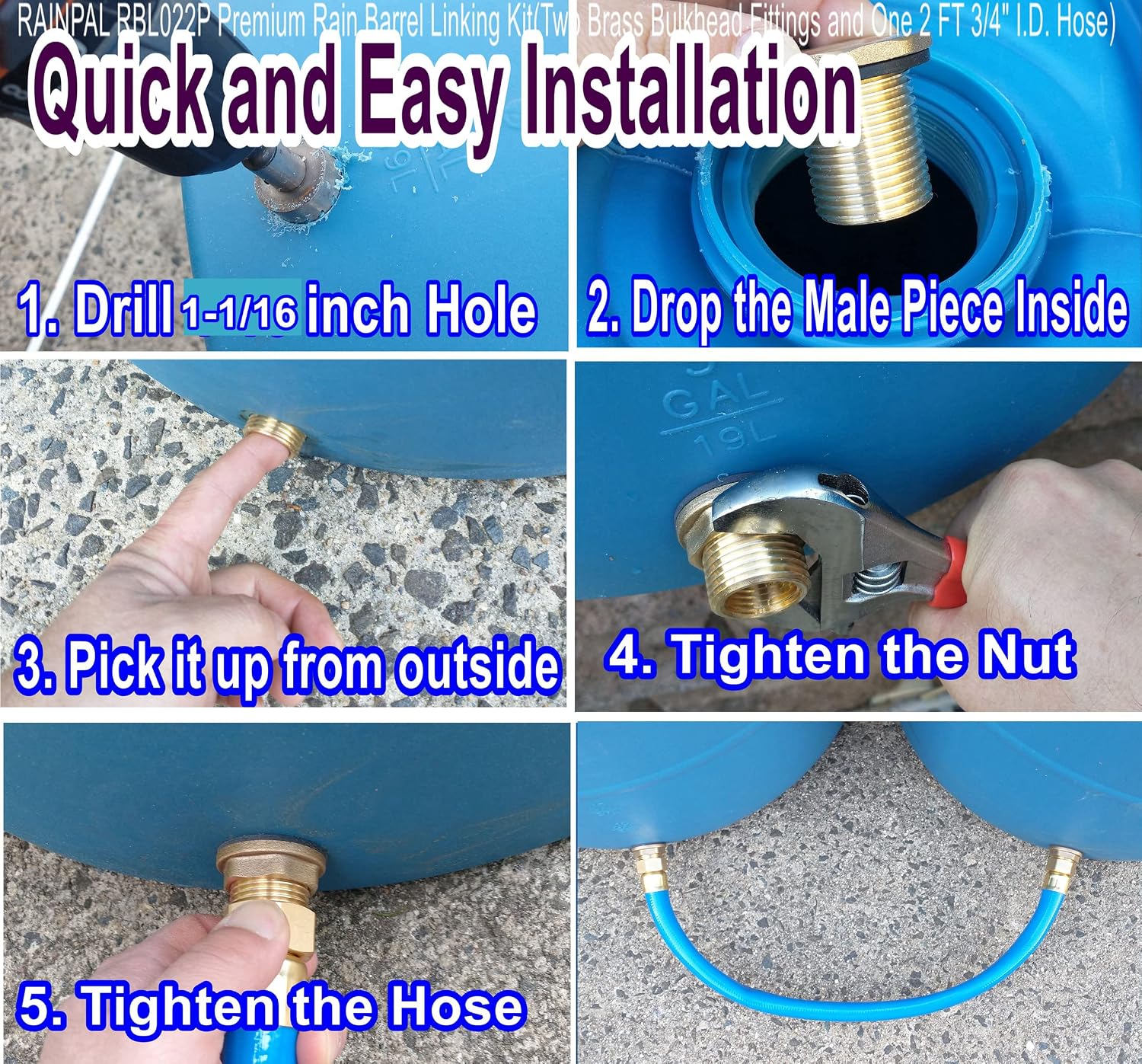 RBL022P Premium Rain Barrel Linking Kit(Two Brass Bulkhead Fittings and One 2 FT 3/4" I.D. Hose) (Pack of 2)