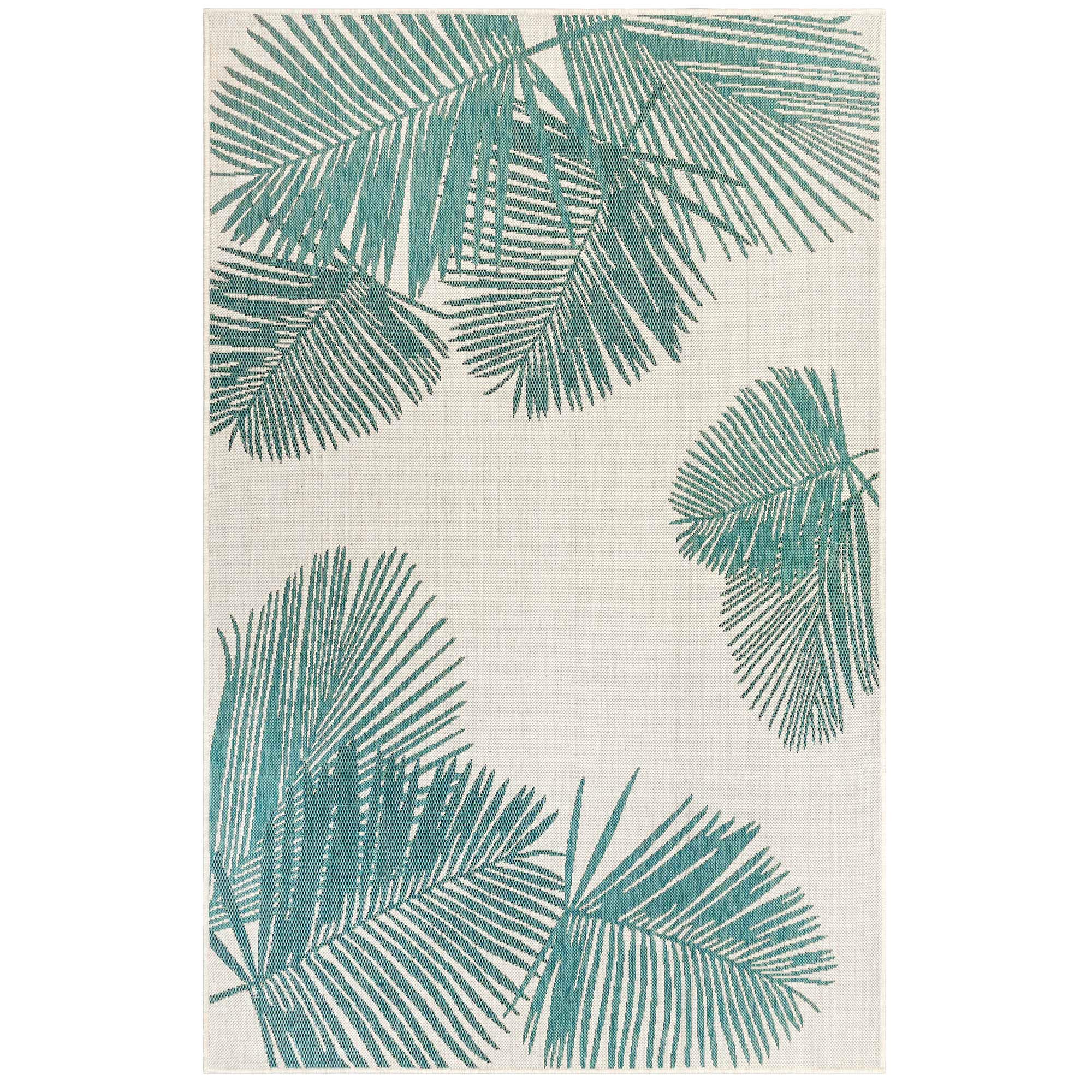 Liora ManneCARMEL Indoor/Outdoor Power Loomed Synthetic Blend Low Profile Area Rug - Transitional Tropical Botanical Leaf Decorative (Palm Aqua) (3'3" x 4'11")