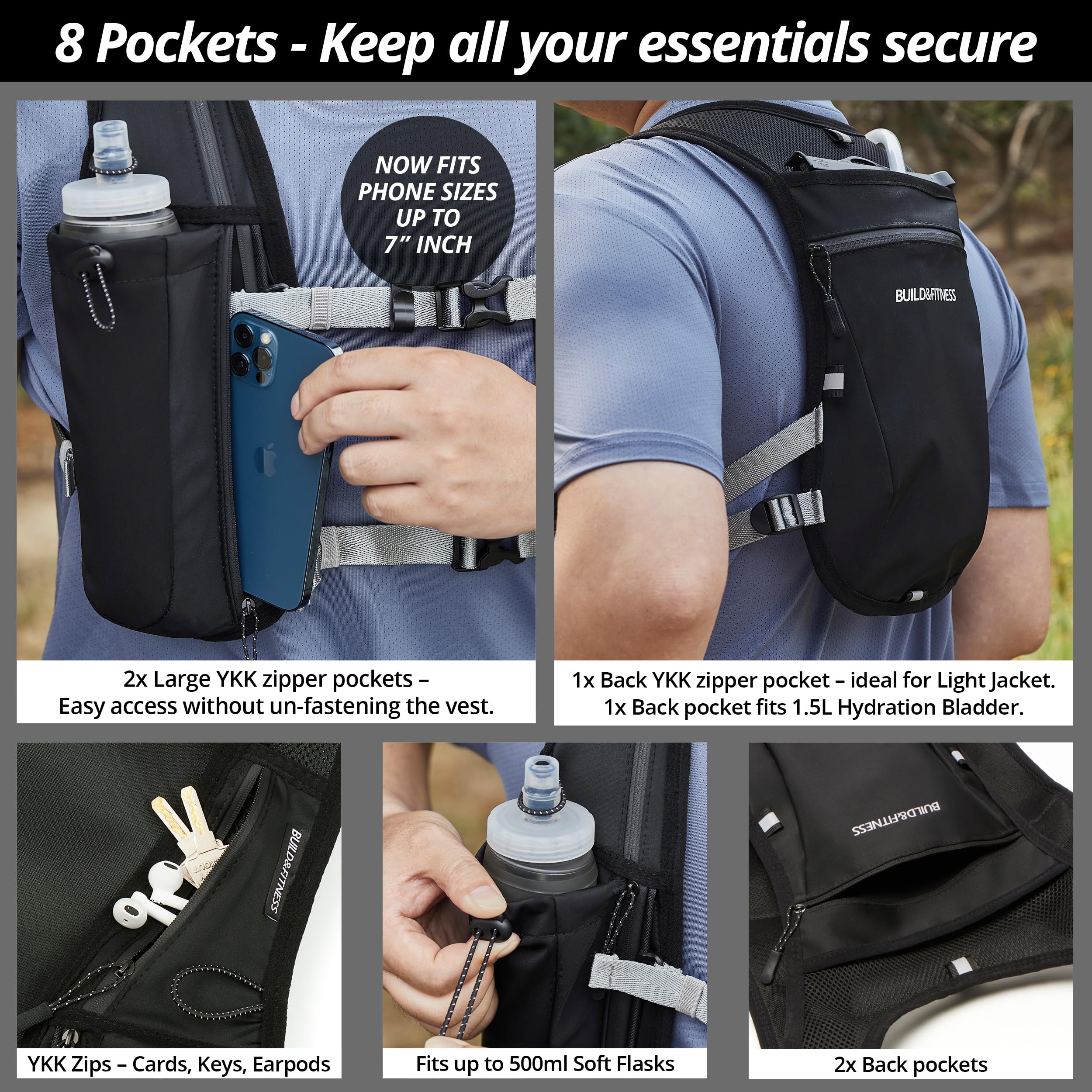 Gilet idratante da corsa riflettente 7 tasche asciugatura rapida resistente all'acqua traspirante