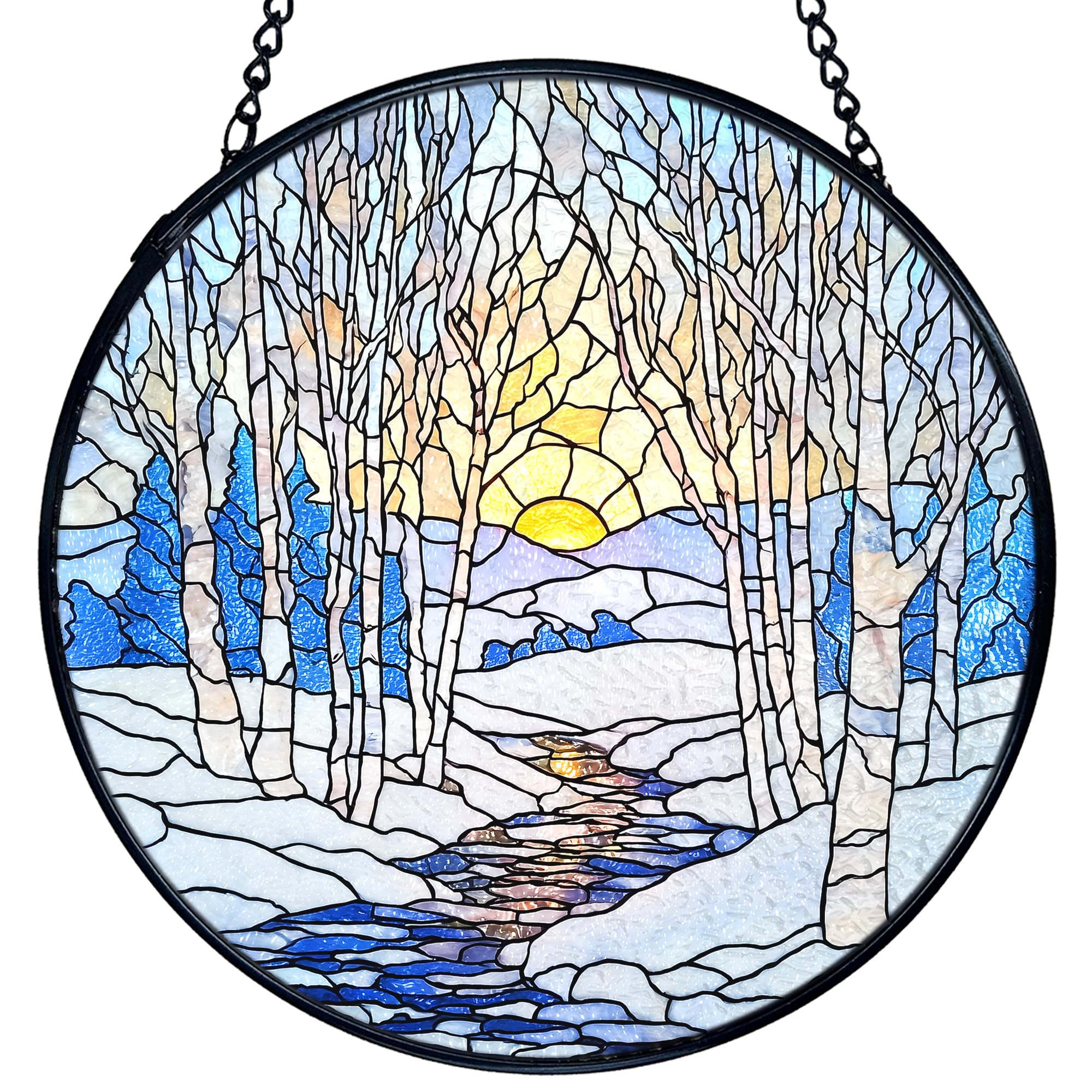 Scène d'hiver en vitrail paysage enneigé et soleil rustique rond
