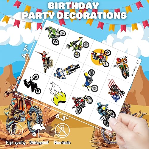 Miniatura 5 de Tatuajes temporales para motocross, suministros de fiesta de cumpleaños, regalos de decoración de 96 piezas, 8 hojas, lindas calcomanías de tatuaje