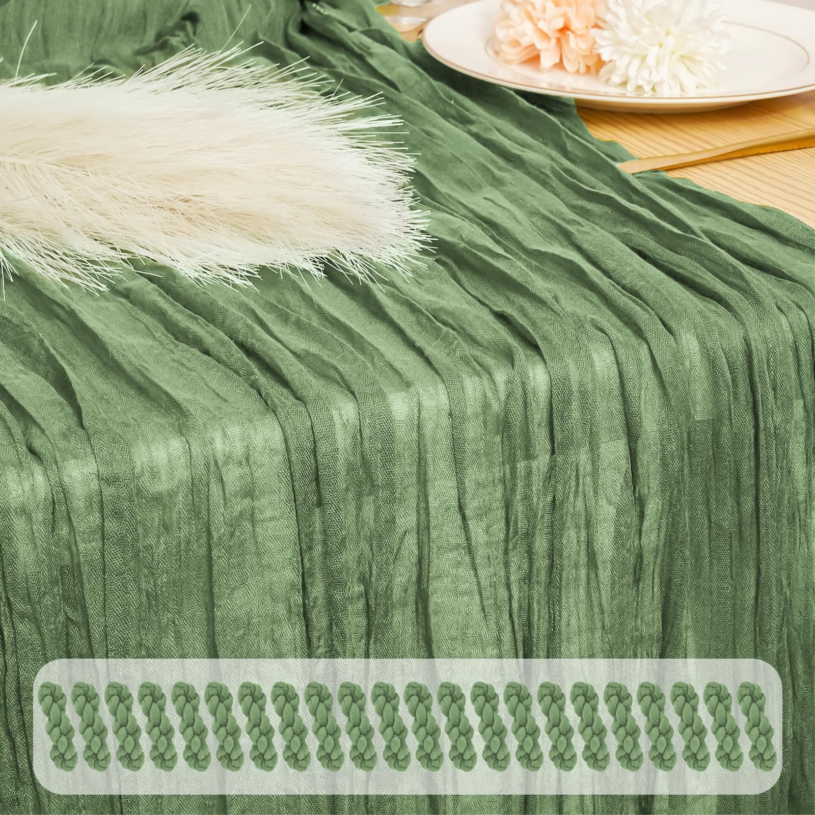 Confezione da 20 runner da tavola in garza verde salvia, 45 x 275 cm, verde salvia, stile bohémien, rustico, in garza, per formaggi, romantici, in tessuto trasparente, per matrimoni, feste, giardino