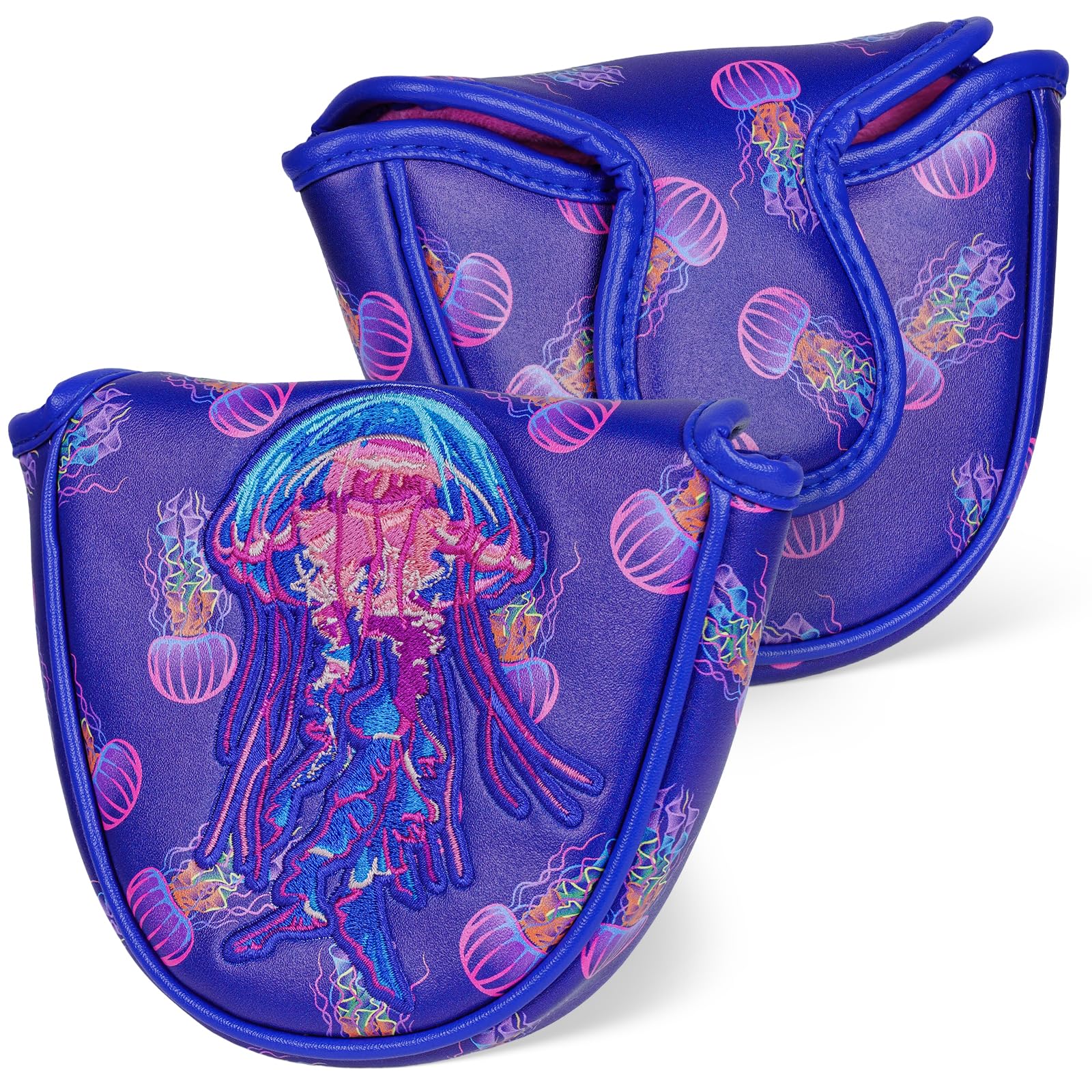 LZFAN Golf Club Head Covers Driver Fairway Wood Hybrid Golf Club Headcover Leather Protector Heavy Embroidered Colorful Jellyfish(Mallet Putter)