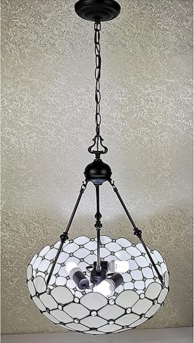 Miniatura 10 de Amora Lámpara de techo estilo Tiffany vintage, 18 x 9 pulgadas, lámpara de araña blanca con vitrales, iluminación antigua para comedor
