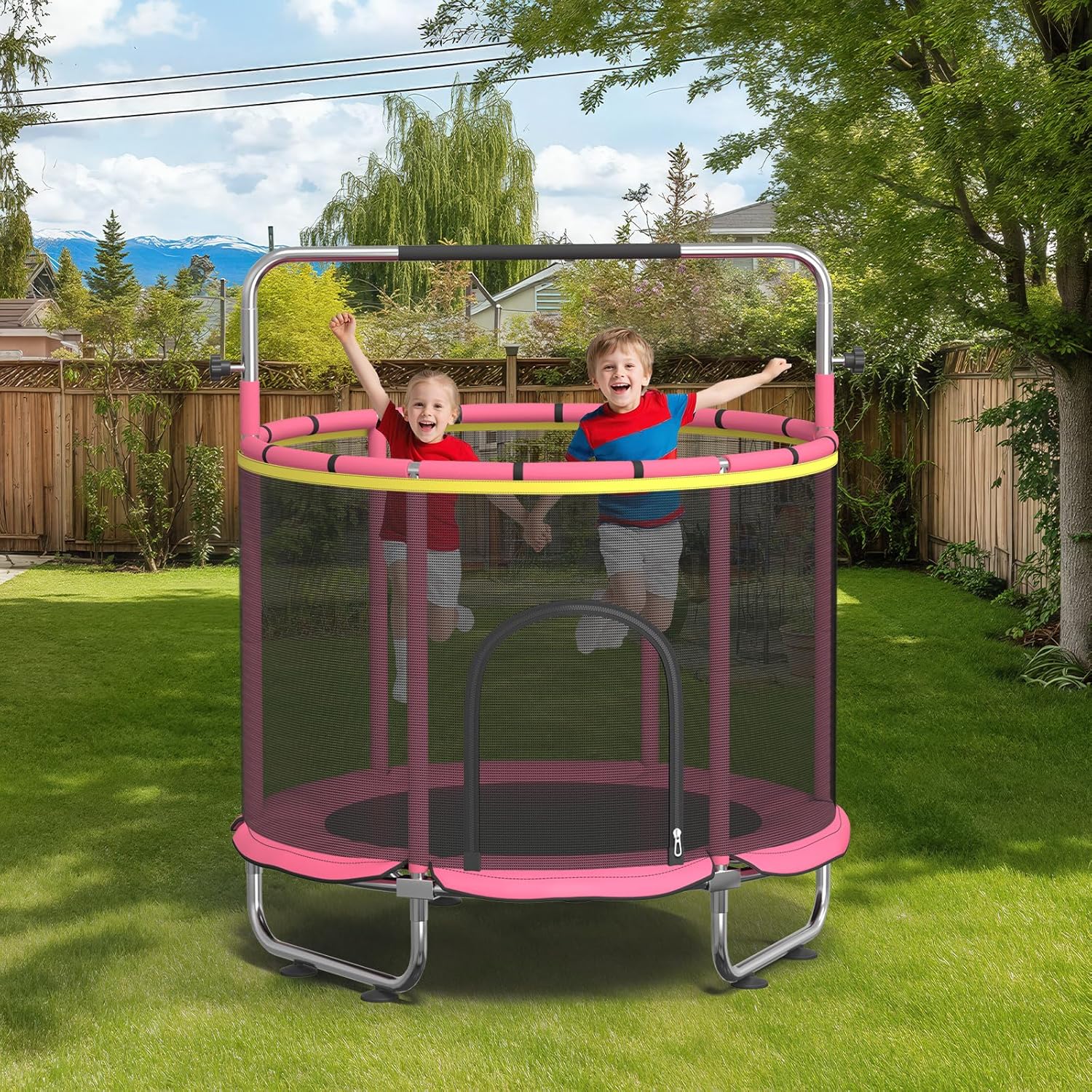 60" Trampoline for Kids, 500lbs Capacity Indoor Outdoor Toddler Trampoline with Adjustable Gymnastics Bar, Gifts for Boy Girl Age 1-8