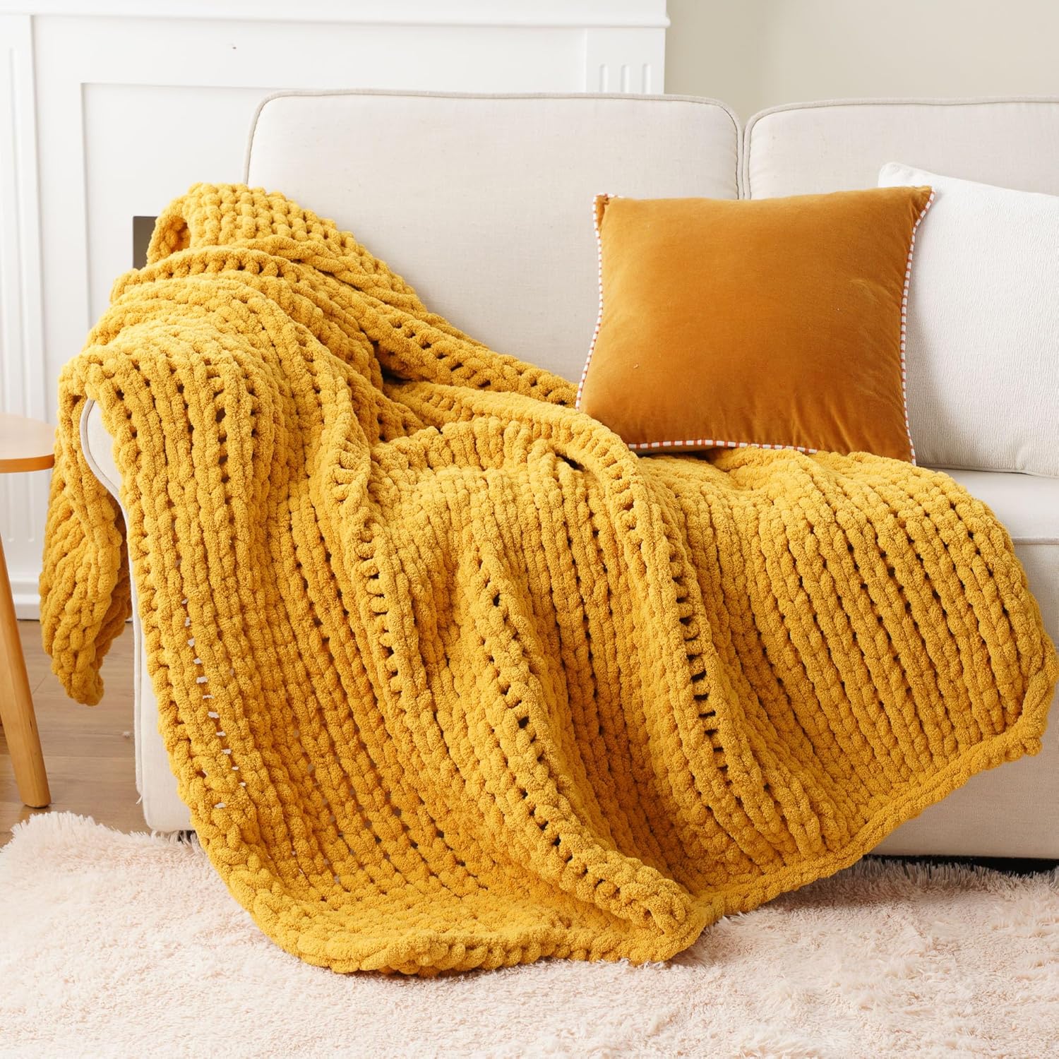 Battilo Mustard Yellow Chunky Knit Throw Blanket, Soft and Thick Chenille Throw Blanket, 50"x60" Handmade Cable Knit Crochet Blanket, Rope Knot Knitted Fall Throw Blankets for Couch Home Decor