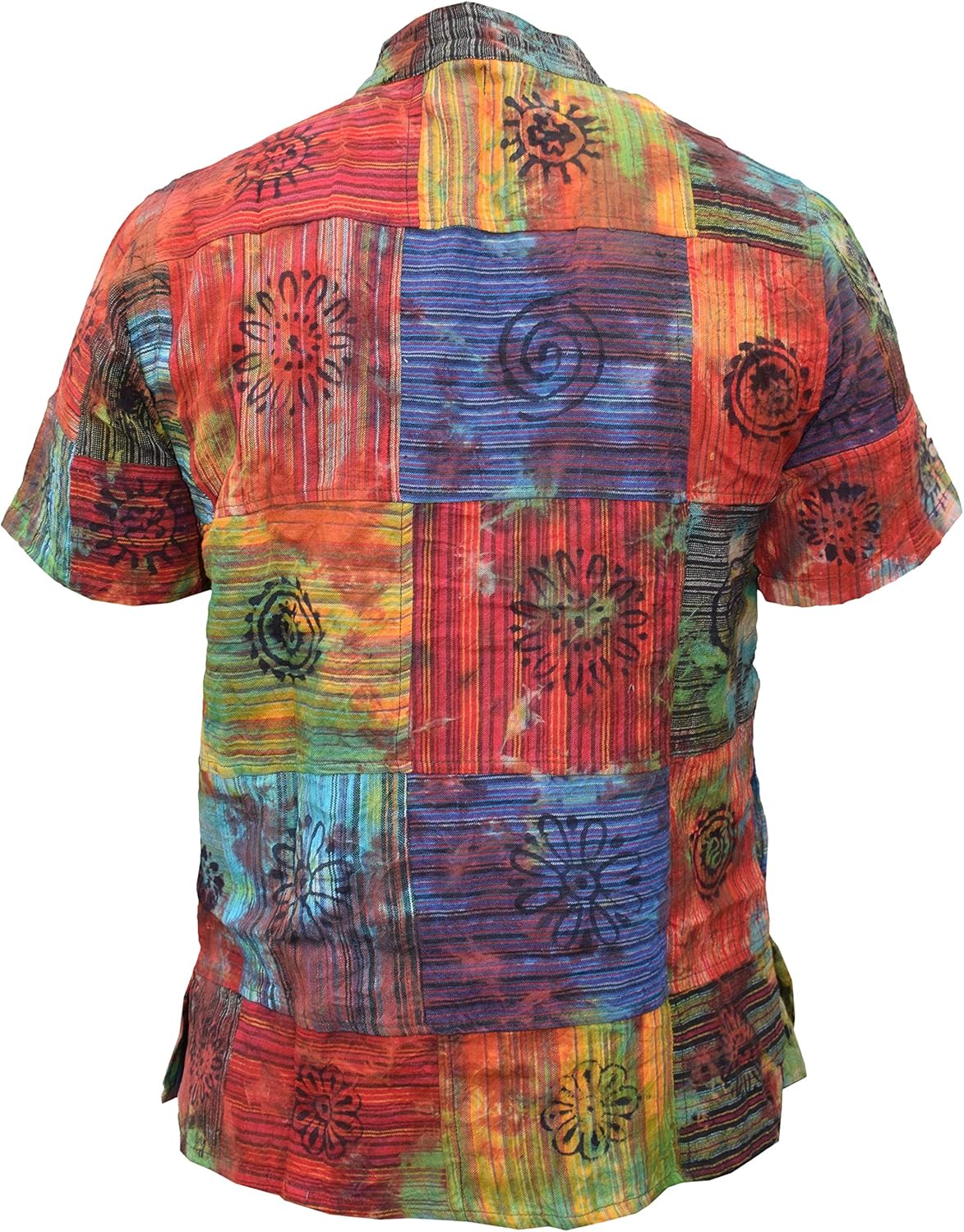 Gheri Patchwork Tie Dye Spiral Symbols Festival Hippy Drawstring Lace Up Grandad Collar Short Sleeve T-Shirt