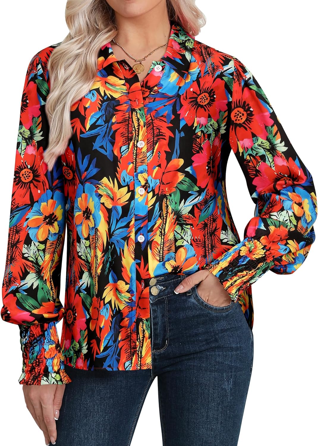 Womens Button Down Hawaiian Shirts Puff Long Sleeve Dressy Casual Floral Printed T-Shirt Trendy V Neck Comfy Boho Blouse Tops - Image 3