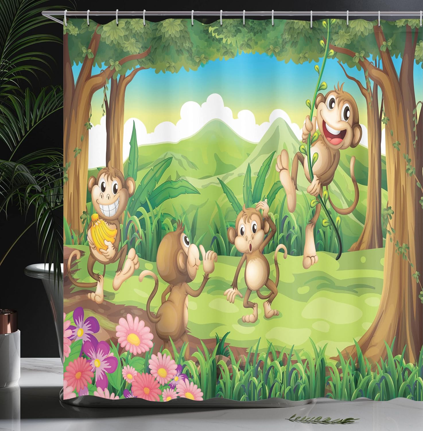 Ambesonne Tropical Shower Curtain, Digital Dot Featured Fun Monkey Face Portrait Little Geometrical Rounds Print, Cloth Fabric Bathroom Decor Set with Hooks, 69" W x 84" L, Brown Tan