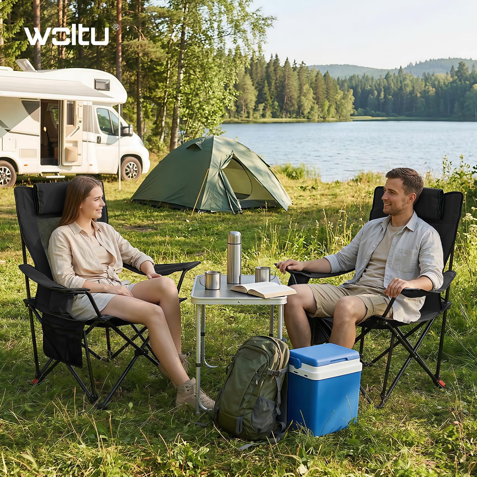 WOLTU Campingstuhl Faltbar 2 Set,Camping Klappstuhl bis 150 kg Belastbar Outdoor Angelstuhl mit Getränkehalter Abnehmbarer Kopfstütze und Seitentasche,für Angeln Picknick und Garten,Schwarz