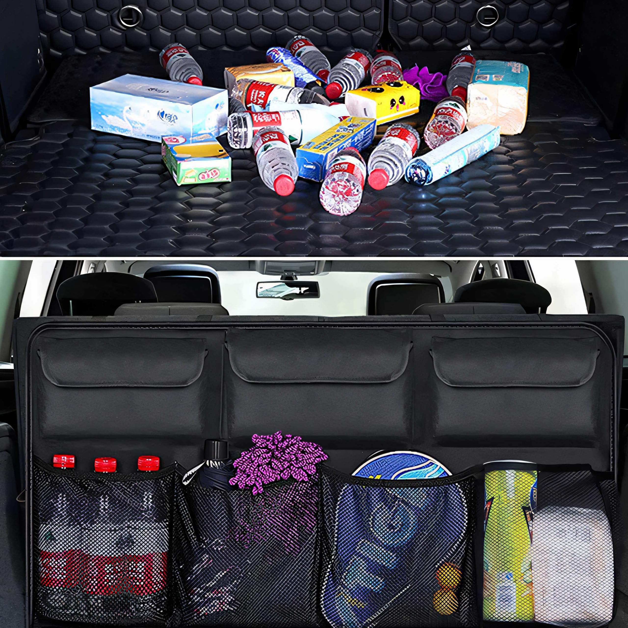 Retoo Organizator bagażnika samochodu, organizer fotela samochodowego, torba przechowywania, 89,5 x 35 cm, wiszący organizer tylne siedzenie, torba bagażnika z dzielonymi modułami, do SUV