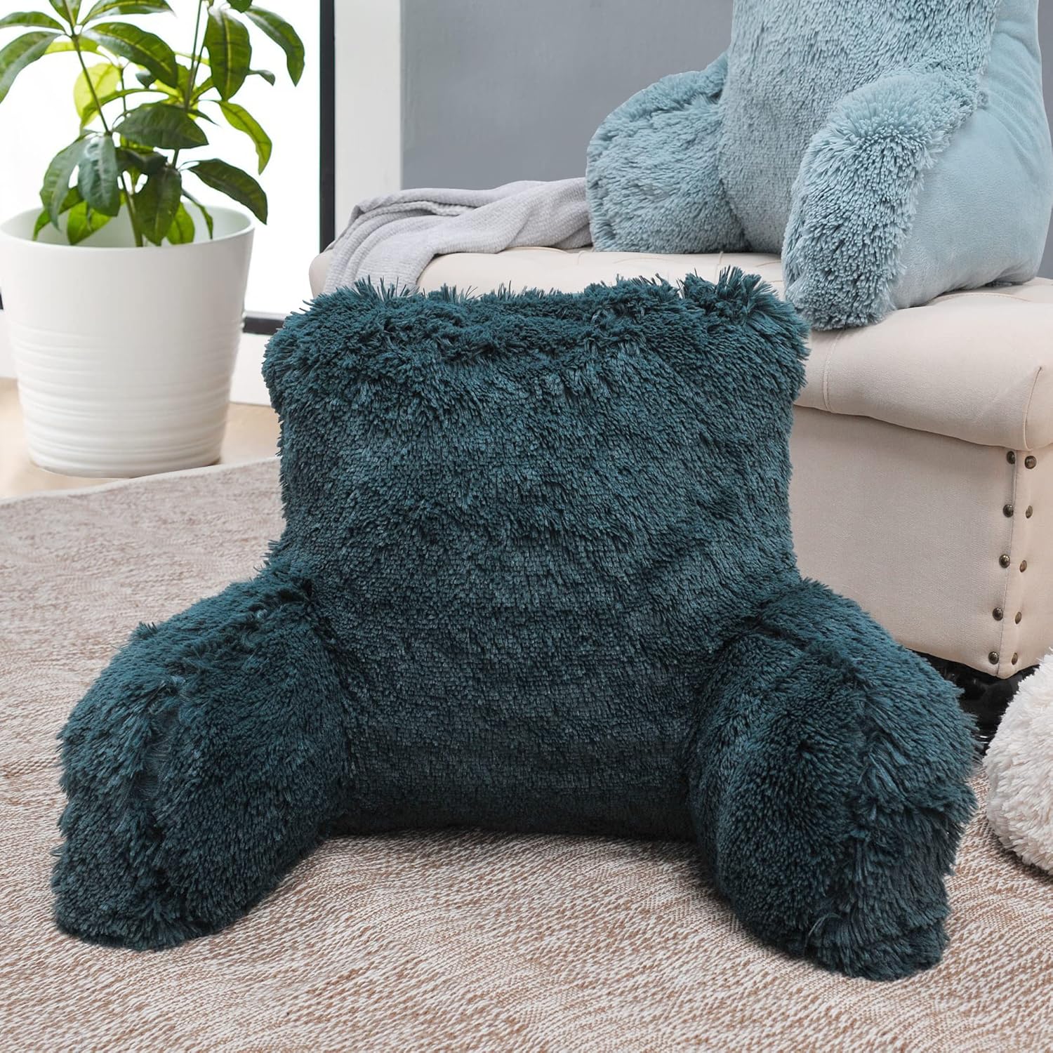 DIY Assembly Plush Shaggy Faux Fur Backrest Reading Bed Rest Pillow with Arms for Sitting in Bed Couch Sofa, Back Support Wedge Cushion with Removable Cover, 20" x 18" x 17", Dark Teal