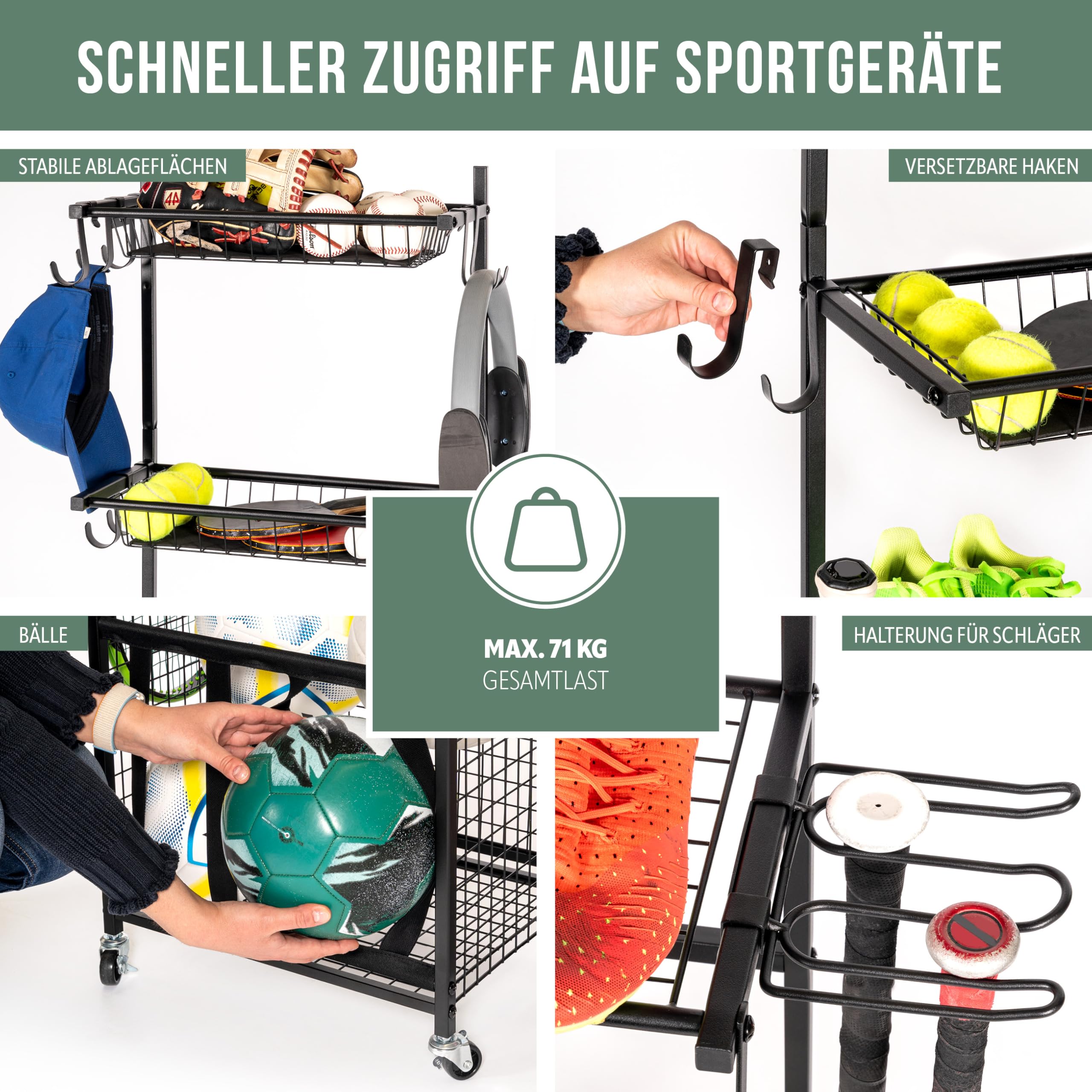 eluno Sportger�tewagen mit stabilen Ablagefl�chen, K�rben und Haken, Fitnessger�te-Organizer f�r B�lle, Baseballschl�ger, aus schwarzem Stahl