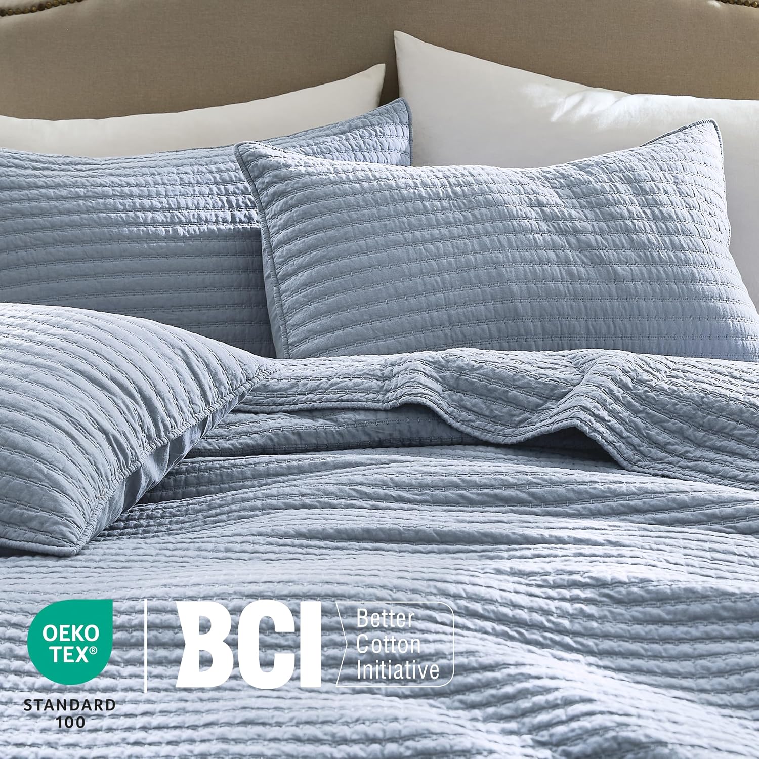 WDCOZY 100% Cotton Queen Size Quilt Set - Light Blue Striped Pick Stitch Soft Lightweight Bedspread, Textured Like Linen, Farmhouse Country Rustic Coverlet, Shabby Chic Gauze Bedding, 3 Pieces