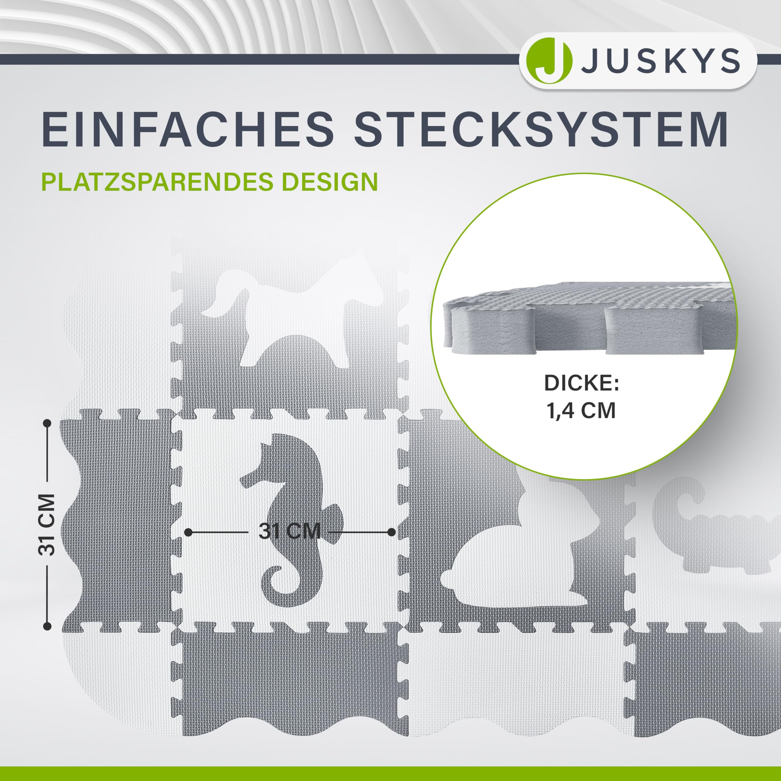 Juskys Kinder Puzzlematte Timon 36 Teile mit 16 Tieren in grau weiß - rutschfest & abwischbar Puzzle ab 10 Monate - Eva Schaumstoff - Spielmatte