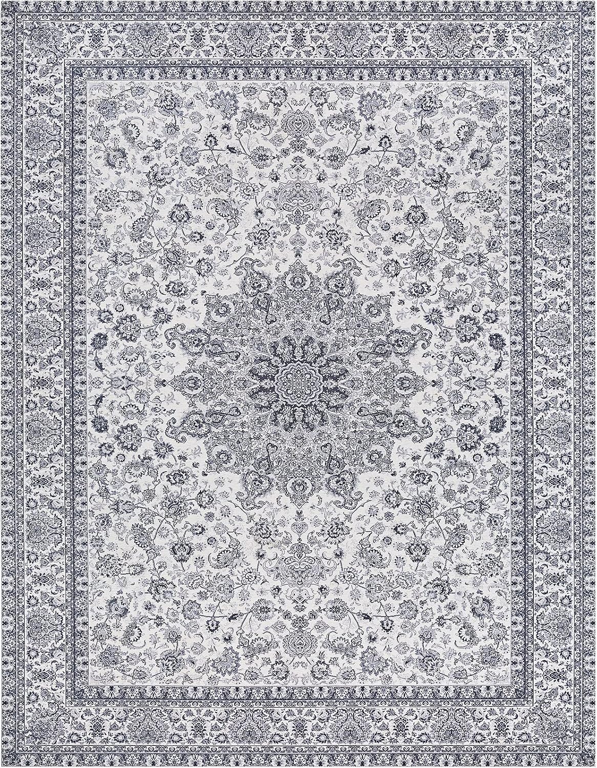 Area Rug Living Room Rugs: 8x10 Large Machine Washable Non Slip Thin Carpet Soft Indoor Luxury Floral Distressed Carpets for Under Dining Table Farmhouse Bedroom Nursery Home Office Grey Blue